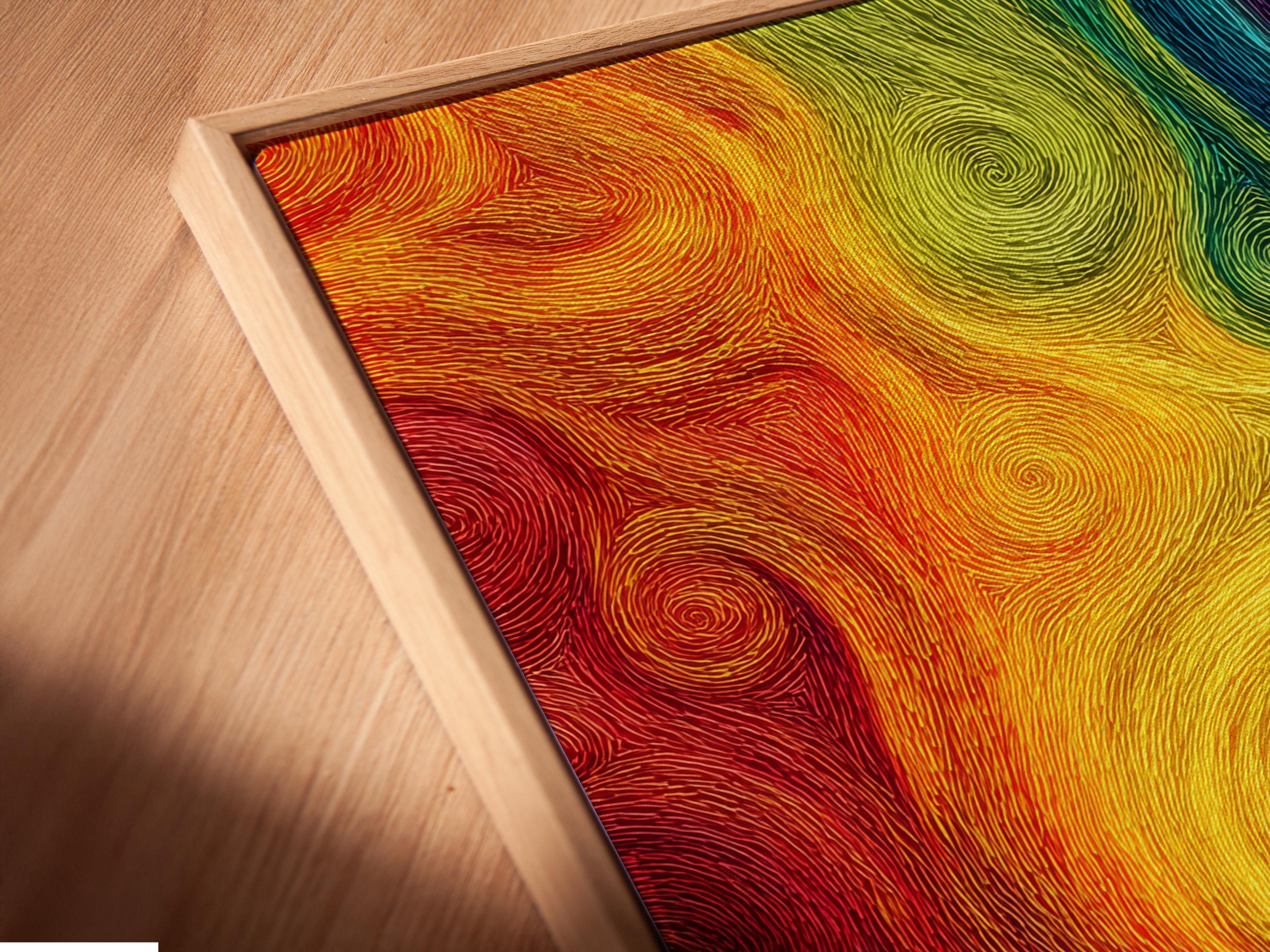 Rainbow abstract artwork with concentric swirling line patterns and a psychedelic spiral design detail view