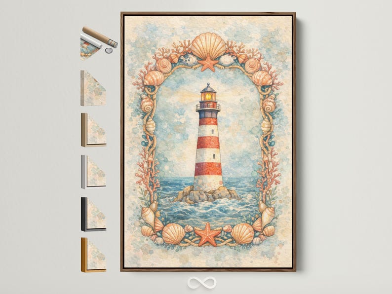 Coastal lighthouse illustration with seashells, starfish and coral-like branches framing the scene