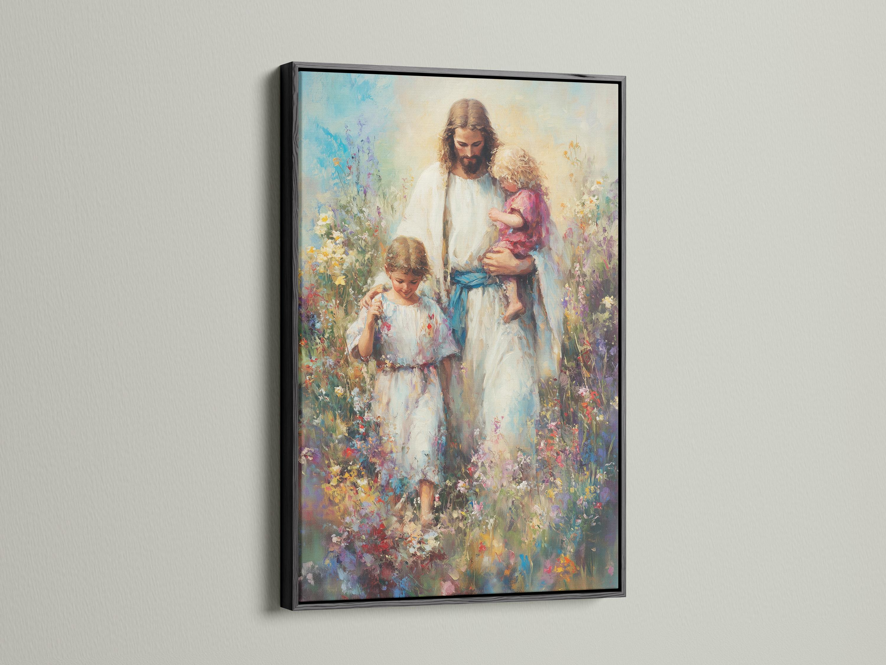 Painterly religious scene of a bearded adult holding a child in a colourful flower meadow detail view