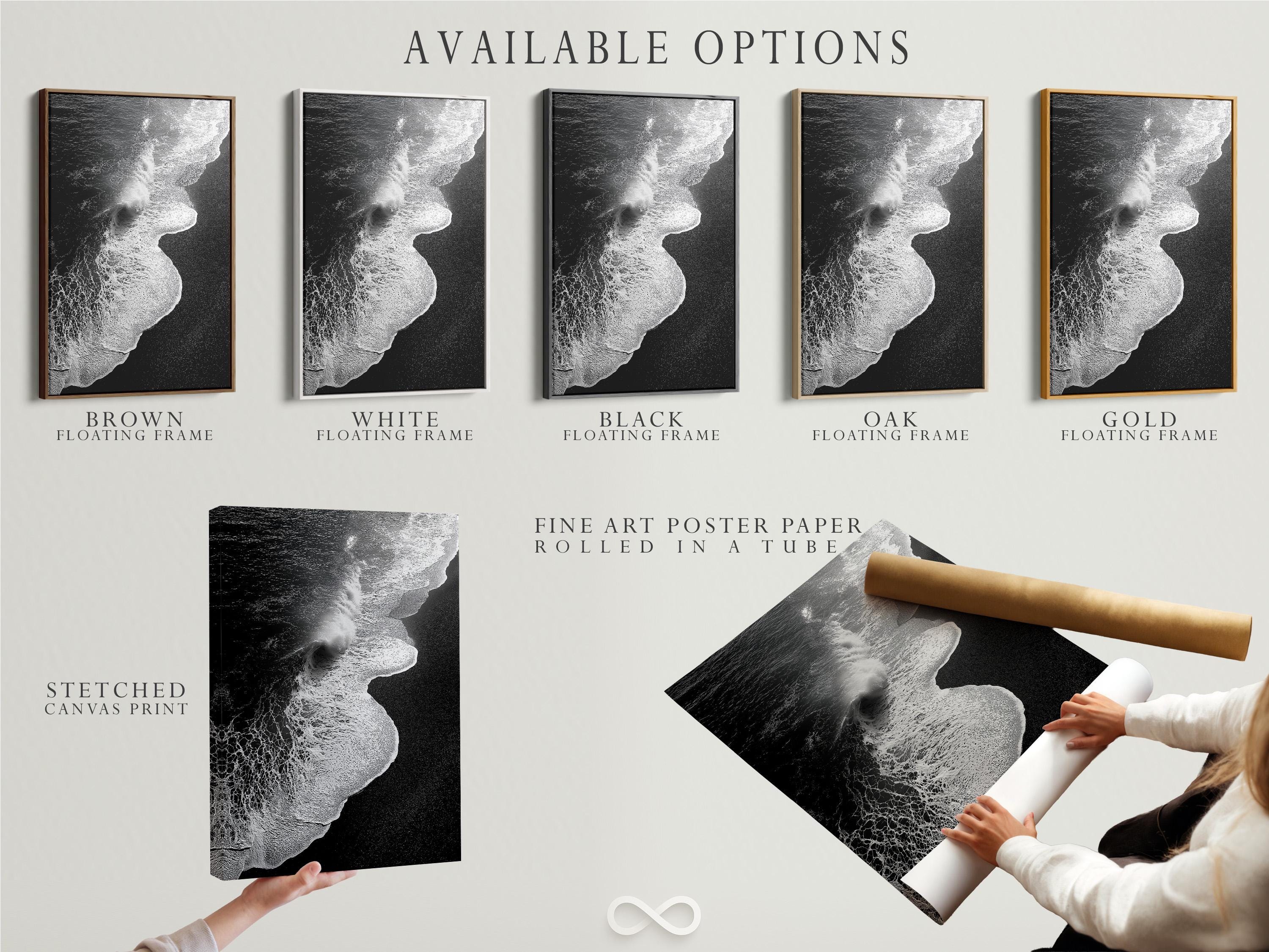 A monochrome seascape shows a foamy wave curling in bright white against deep black water, with a high-contrast, textured finish detail view