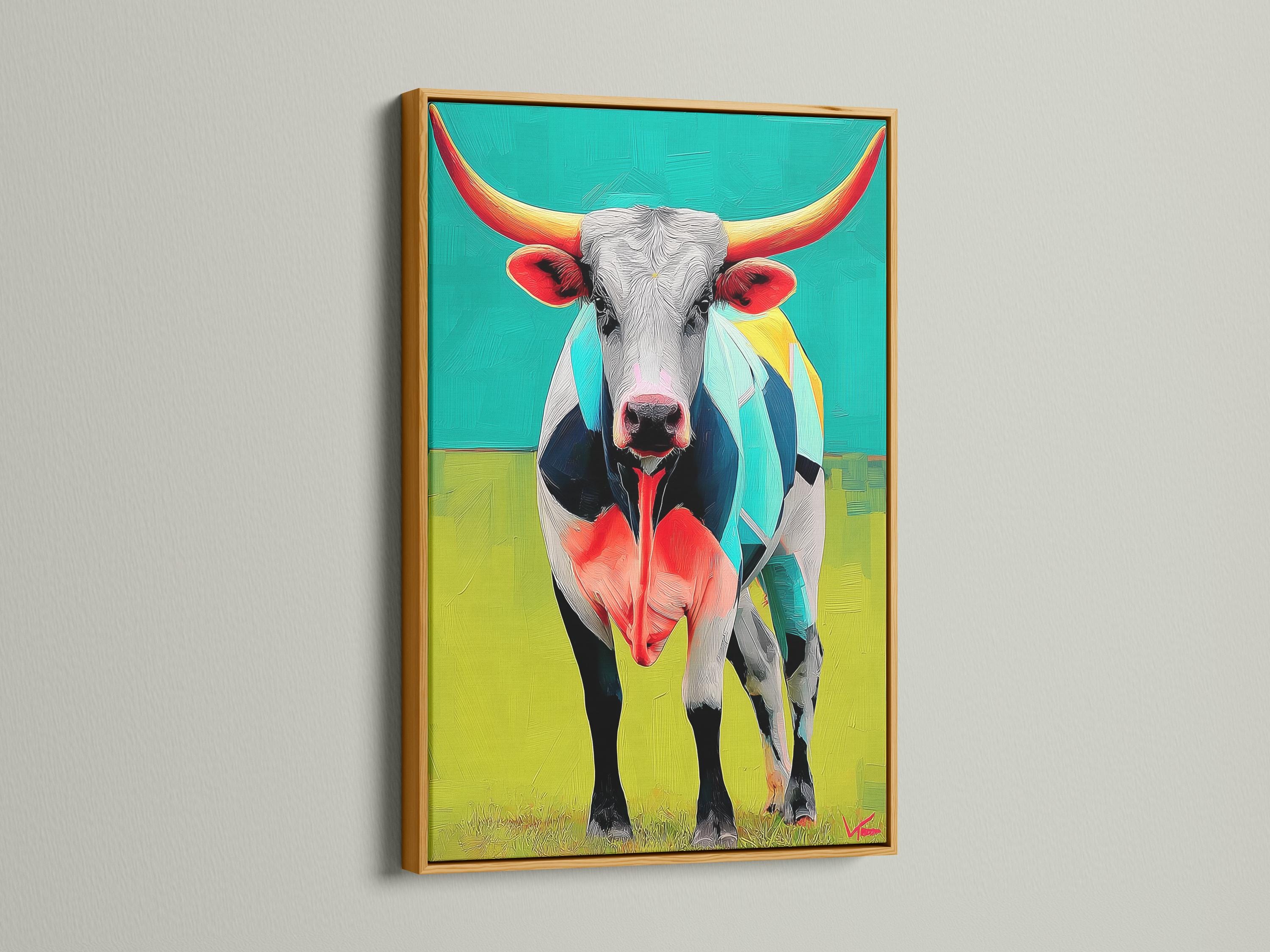 Room mockup with a framed longhorn steer artwork on a wall above a green upholstered sofa and dining table