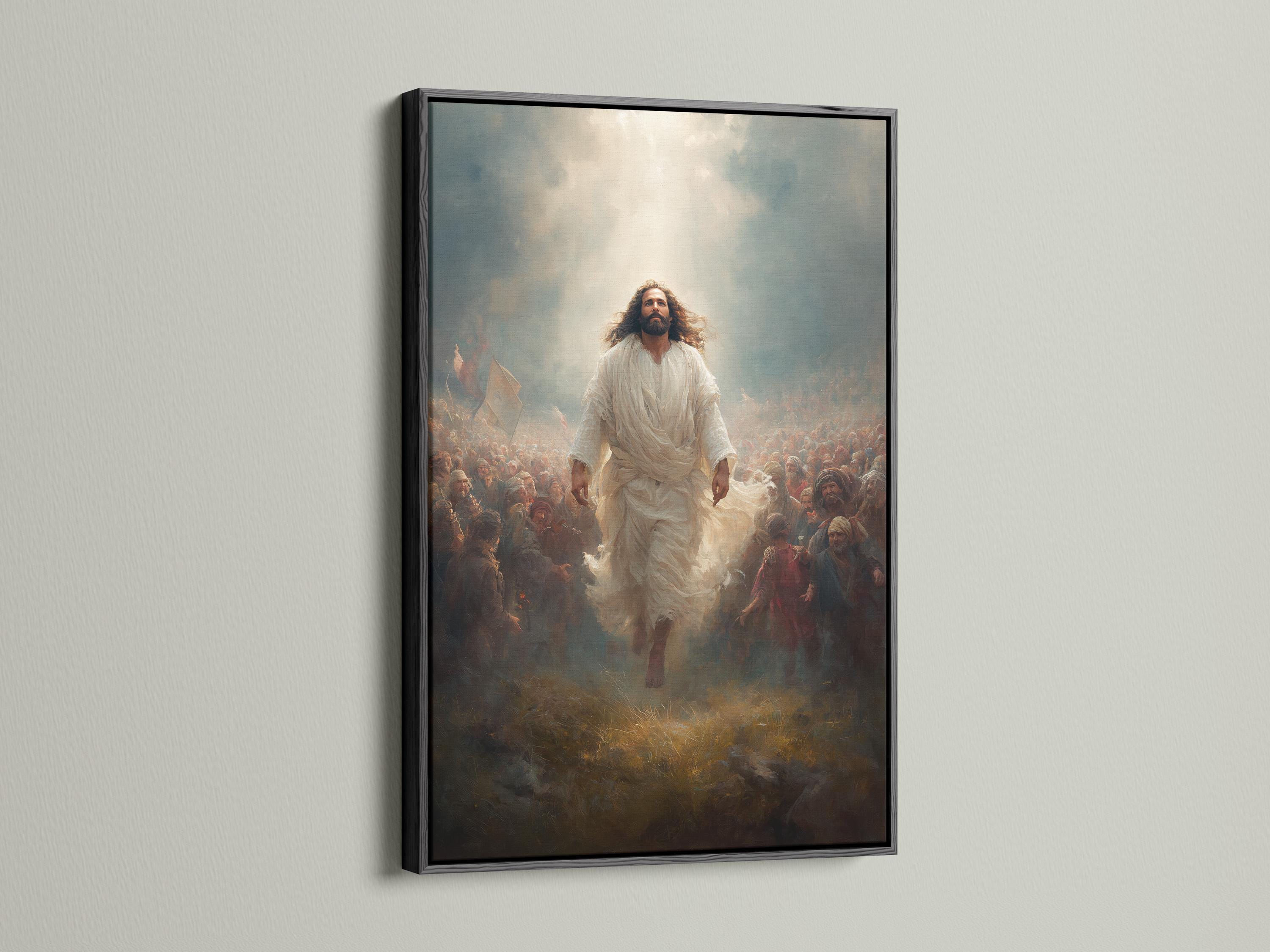 Painted religious scene with a central robed figure walking through a crowd amid haze and flags detail view