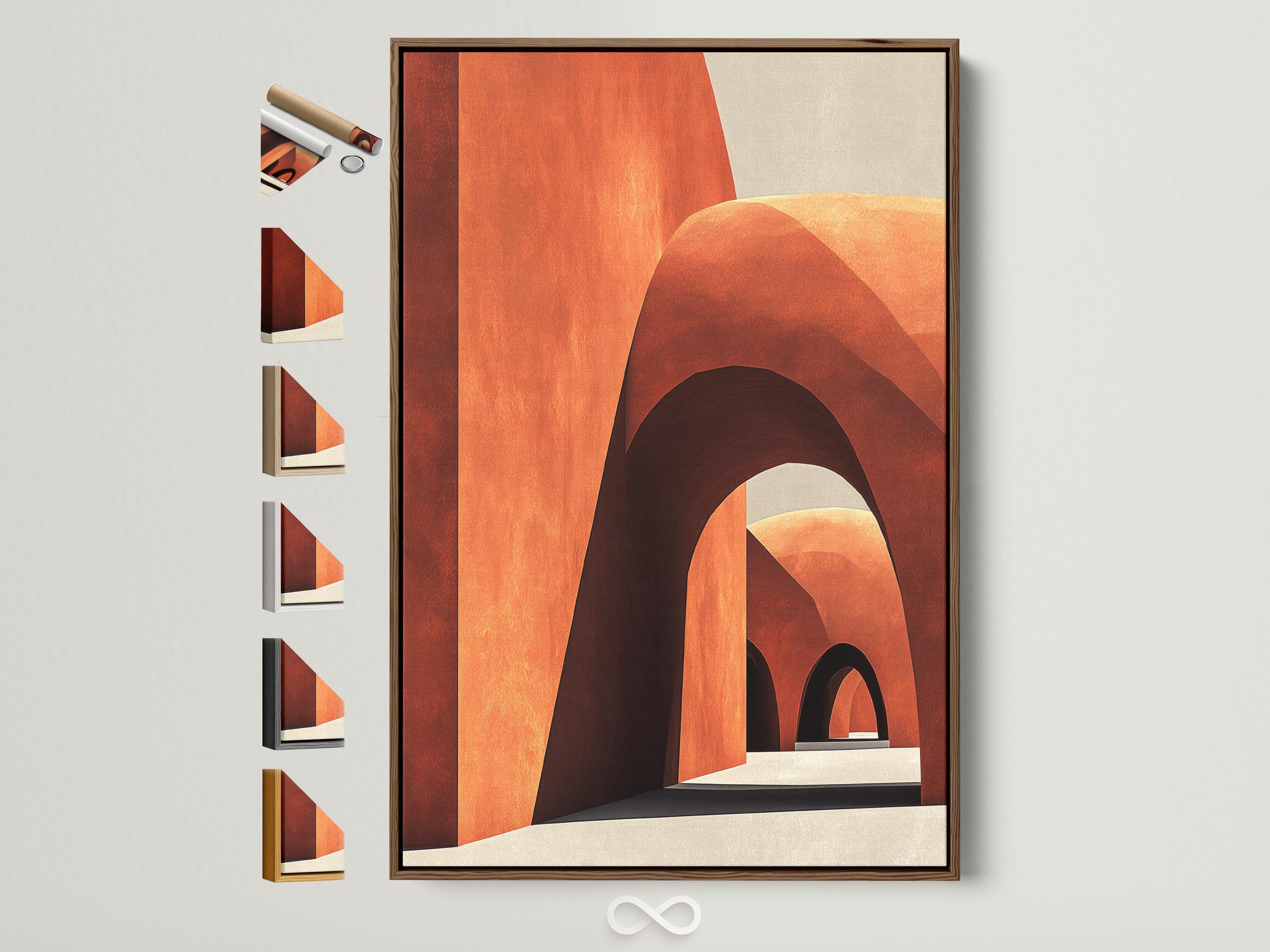 Abstract geometric archway artwork in terracotta, cream and dark outlines detail view