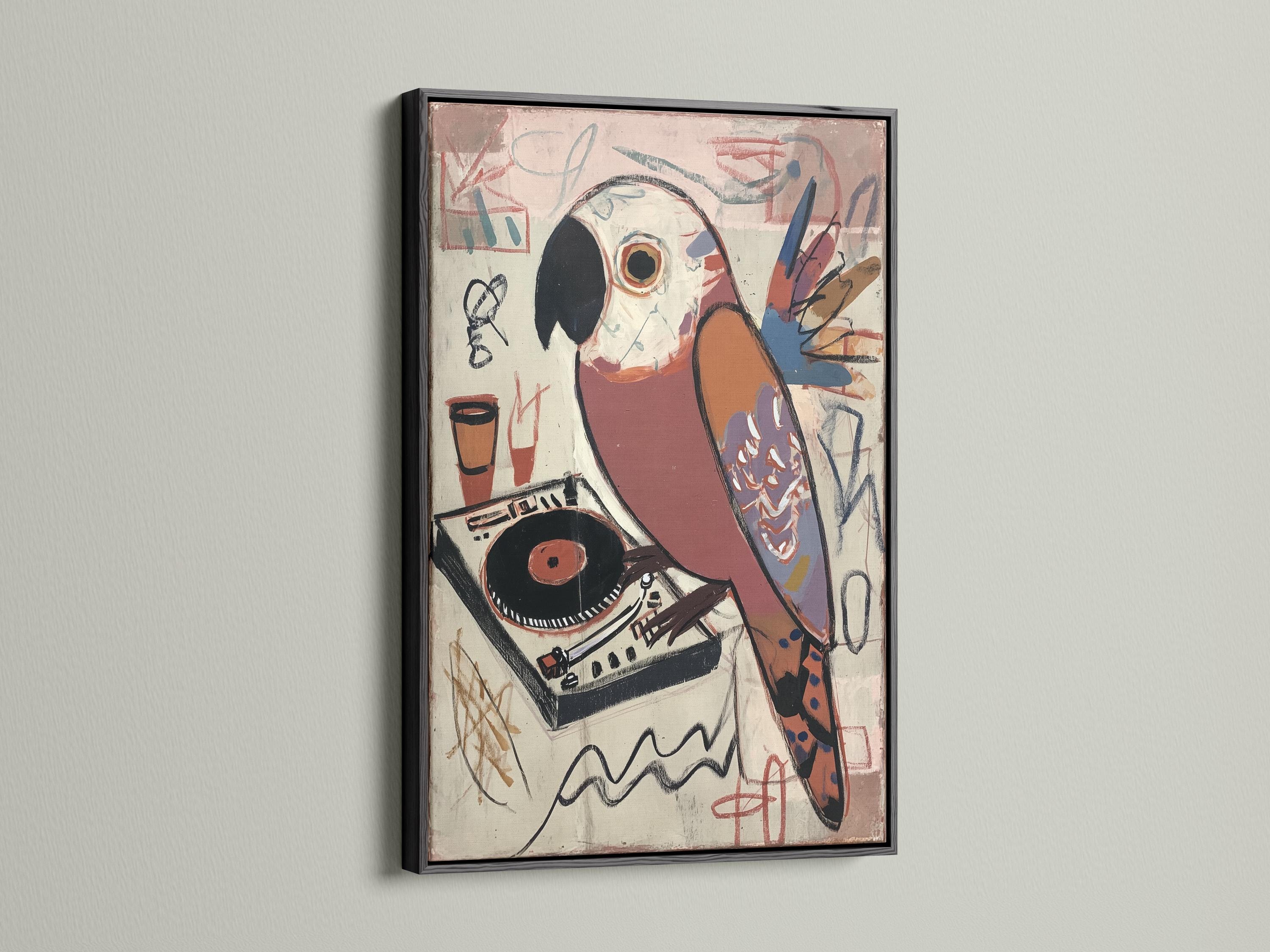 Stylised parrot above a vinyl record and turntable with graffiti-like music doodles detail view