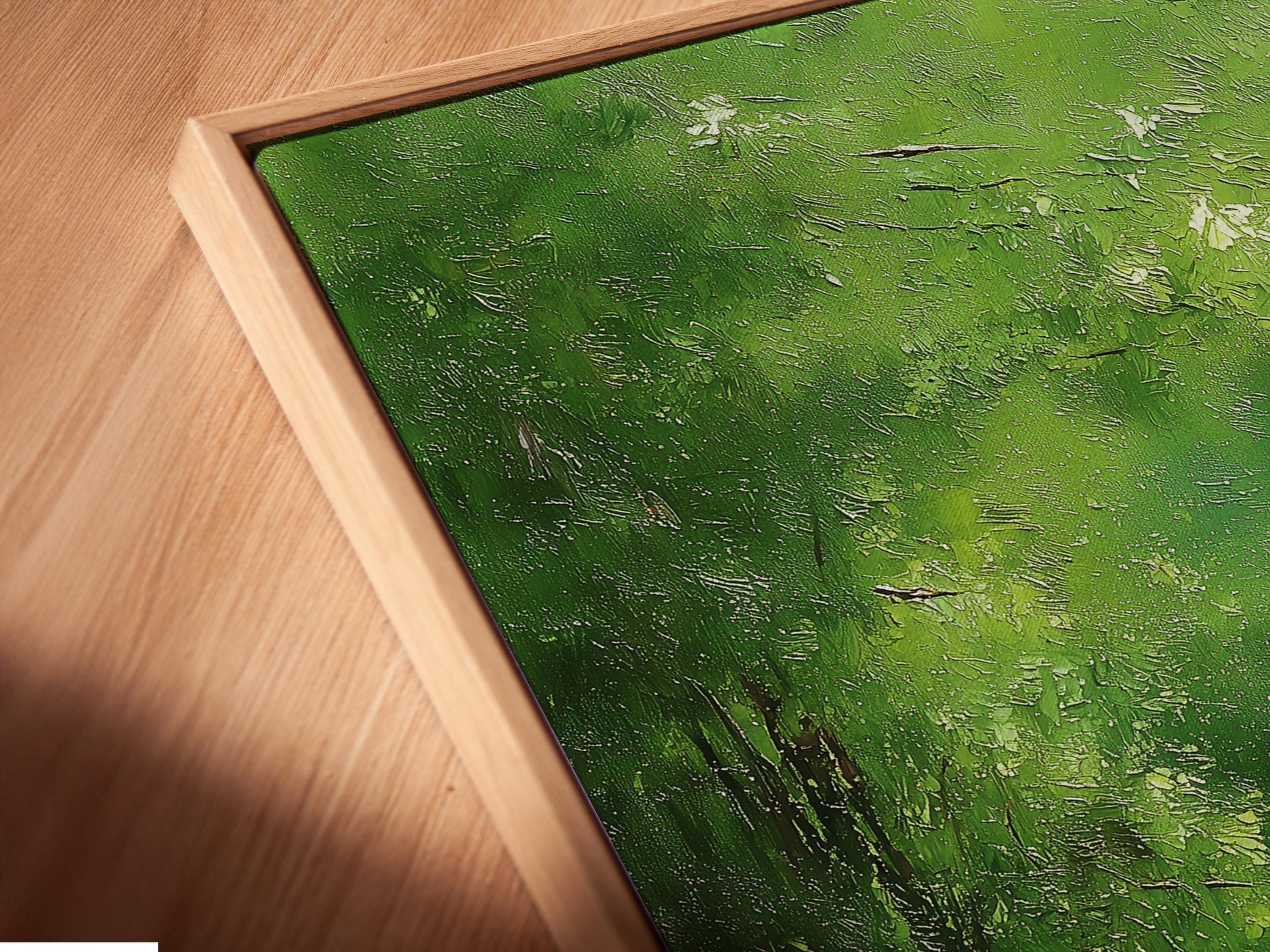 Green landscape artwork with two white swans floating on dark green water detail view