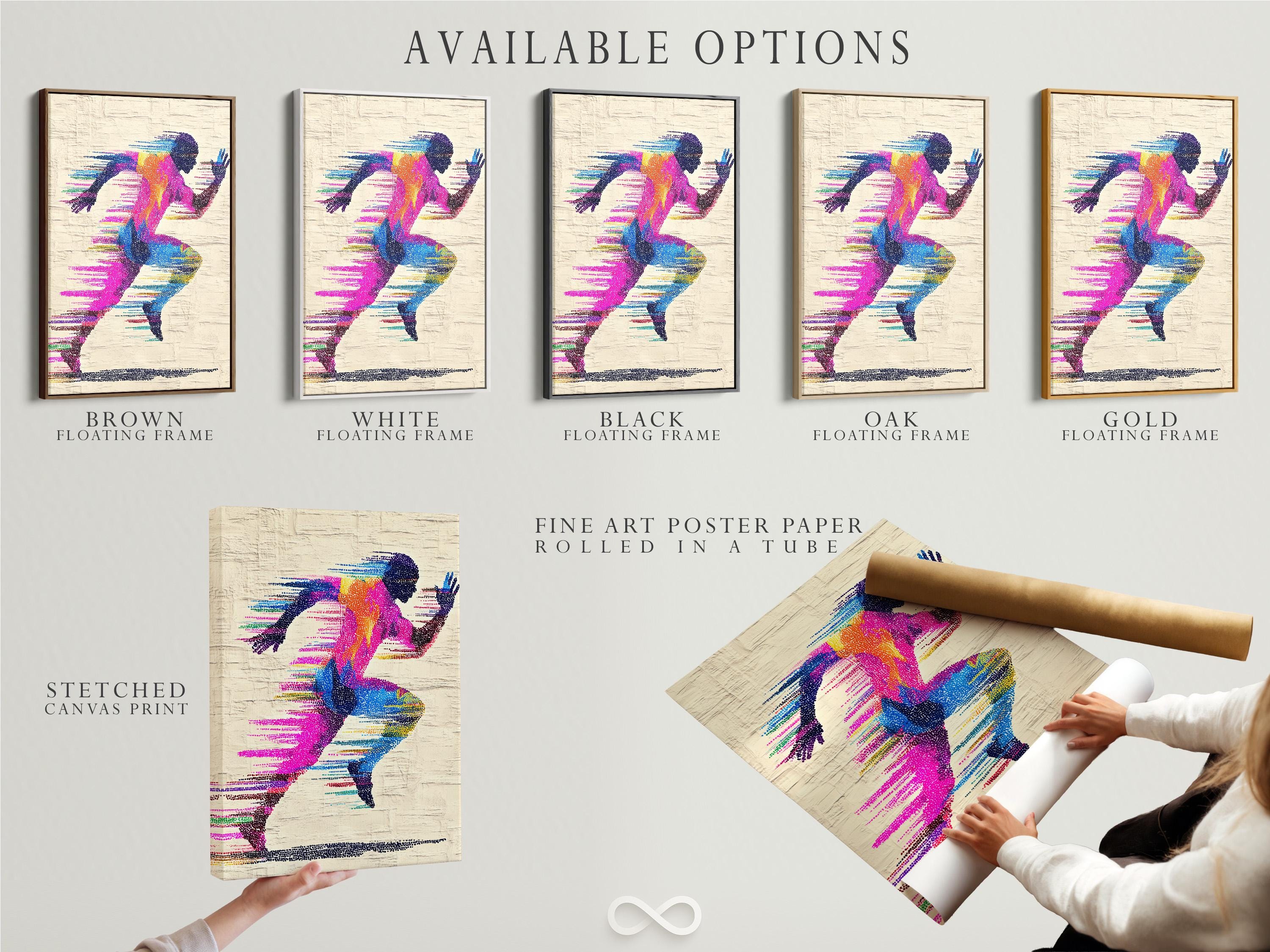 A colour-dotted silhouette of a runner stretches across a textured off-white background, with flowing striped motion lines in bright magenta, blue