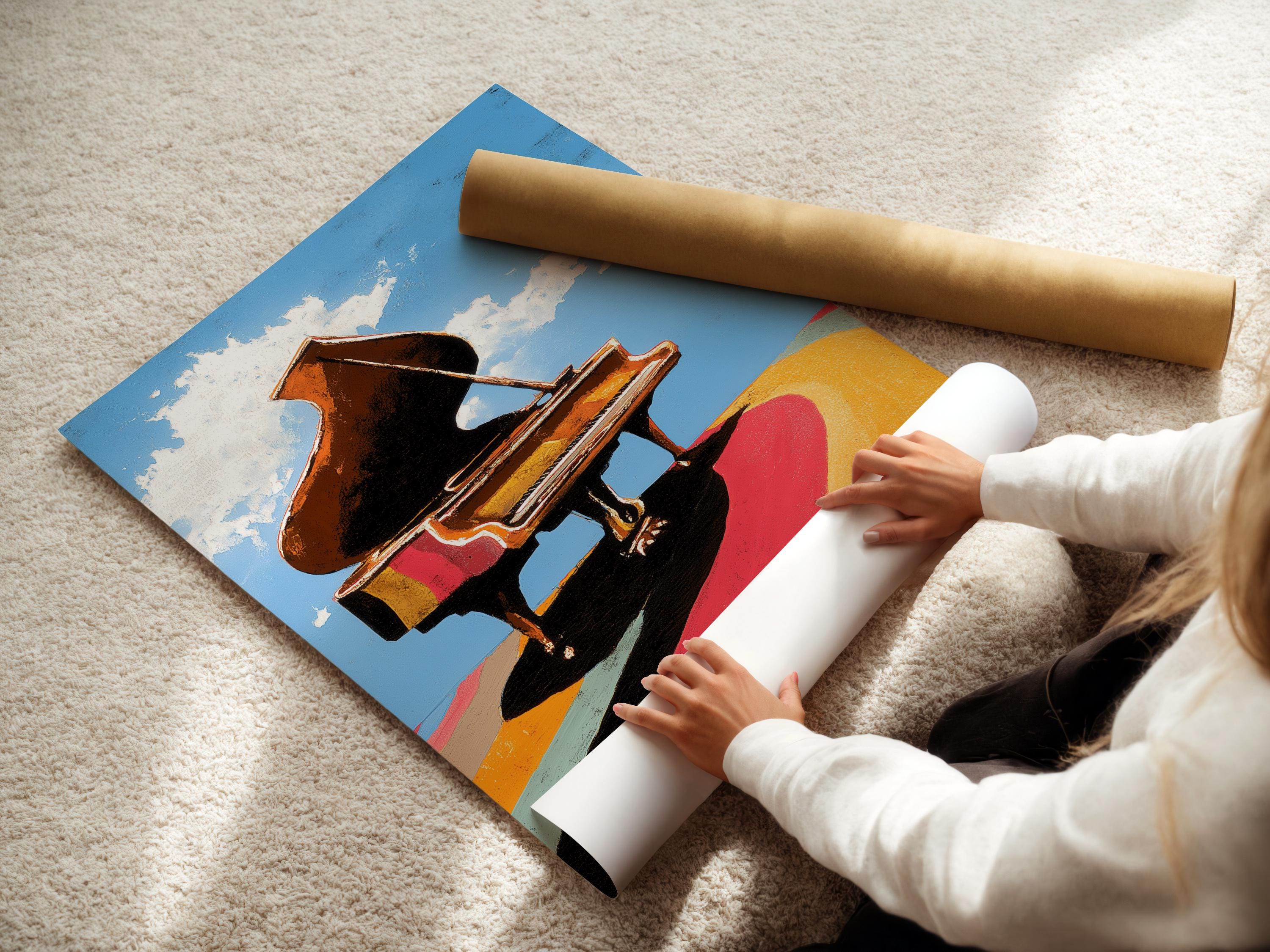 Room mockup showing a framed piano artwork with blue sky and colourful ground bands