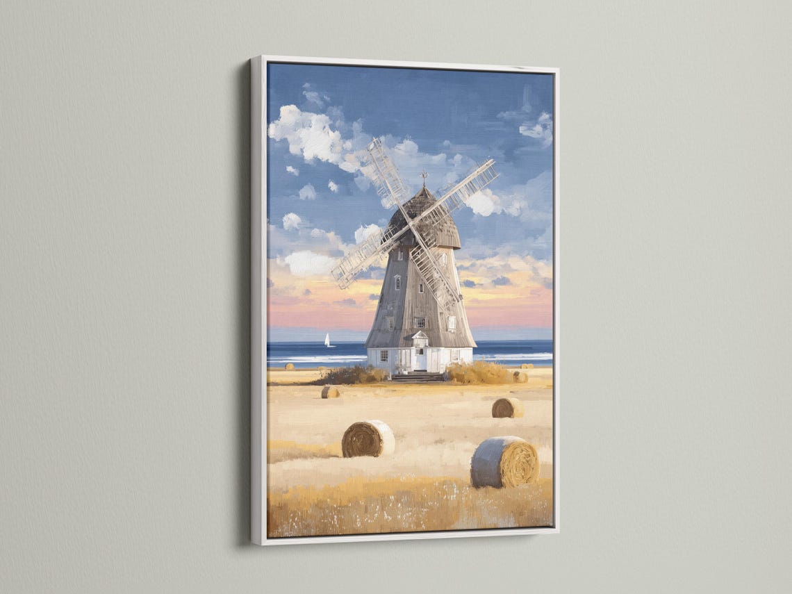 Painterly windmill landscape with hay bales, farmhouse, blue sea and cloudy sky detail view