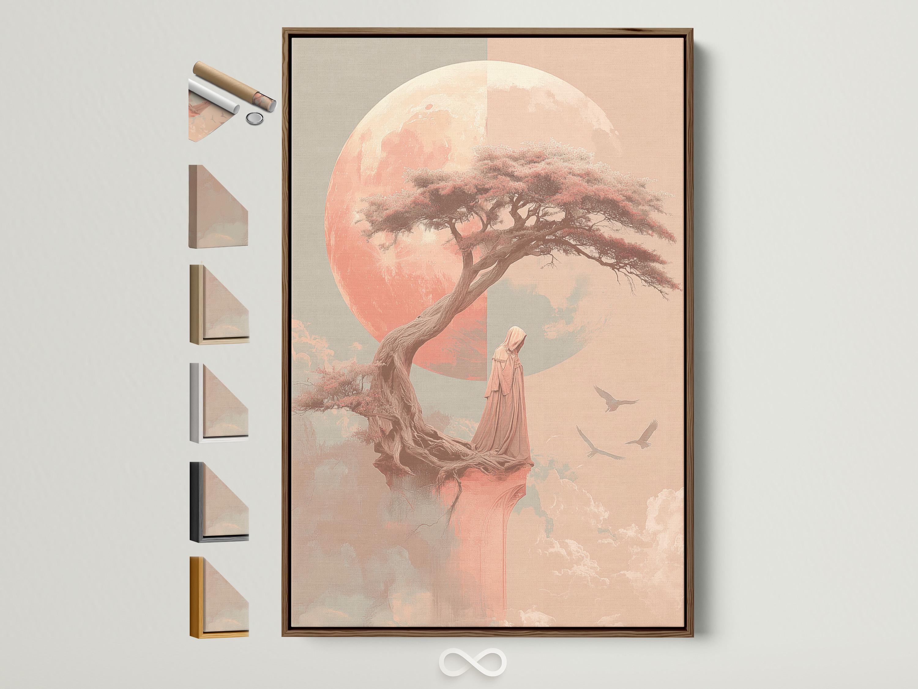 Coral pink moonlit tree with a robed figure and birds in flight