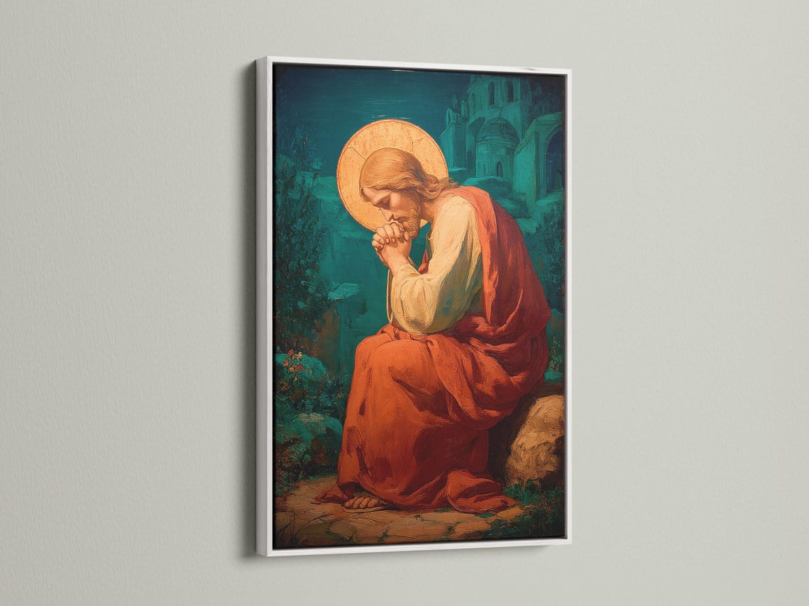 Wall mockup showing a framed painting with a praying figure and gold halo on a beige wall