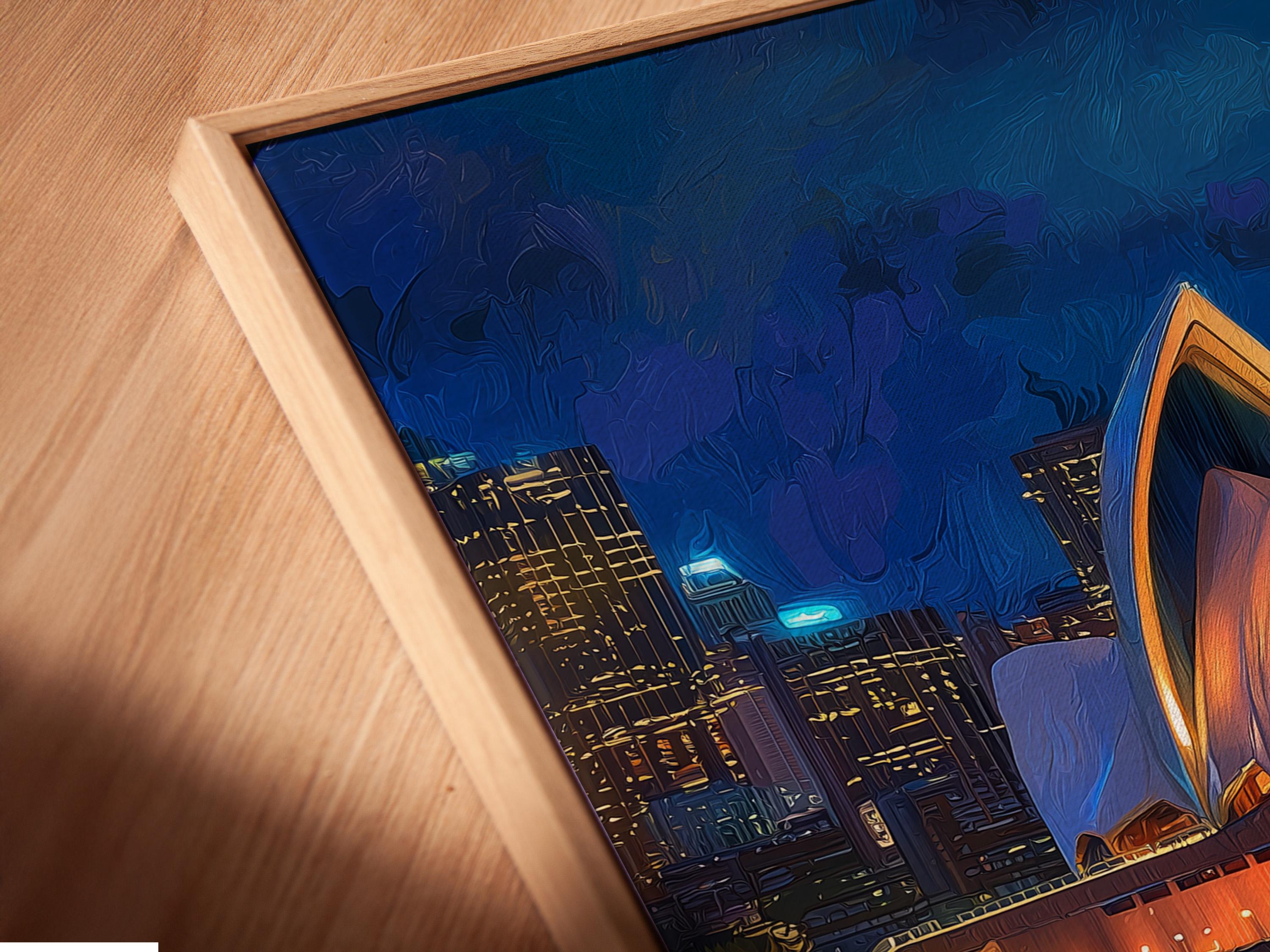 Framed night cityscape artwork featuring a glowing building and reflected lights on water