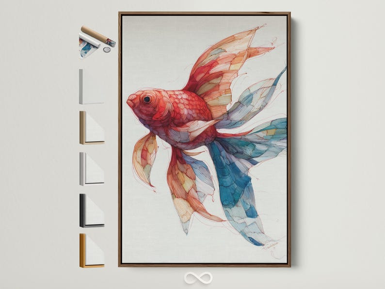 Portrait artwork of a red goldfish with teal and blue fins on a light background