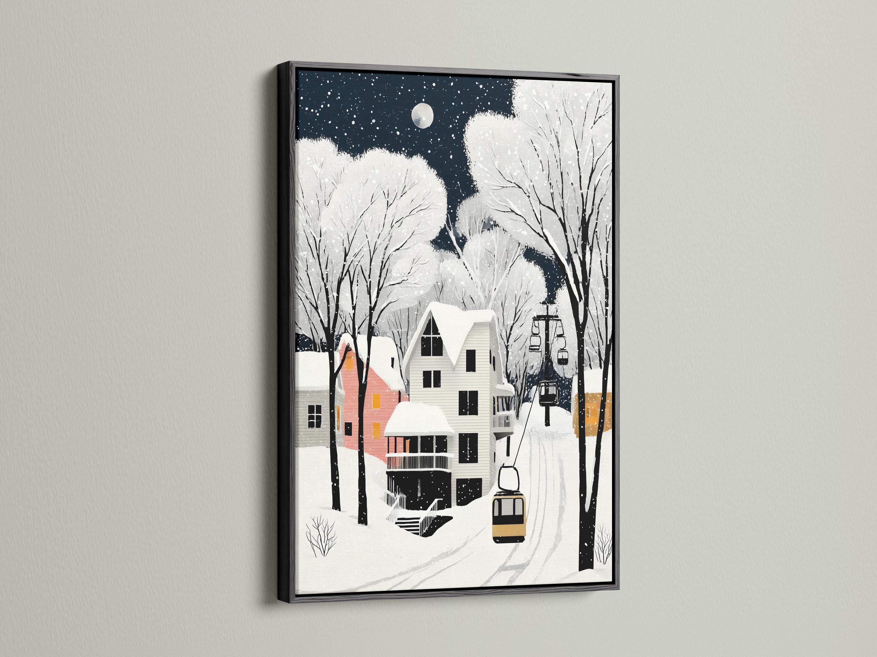 Snowy winter village at night with a full moon, bare trees, and houses with falling snow detail view