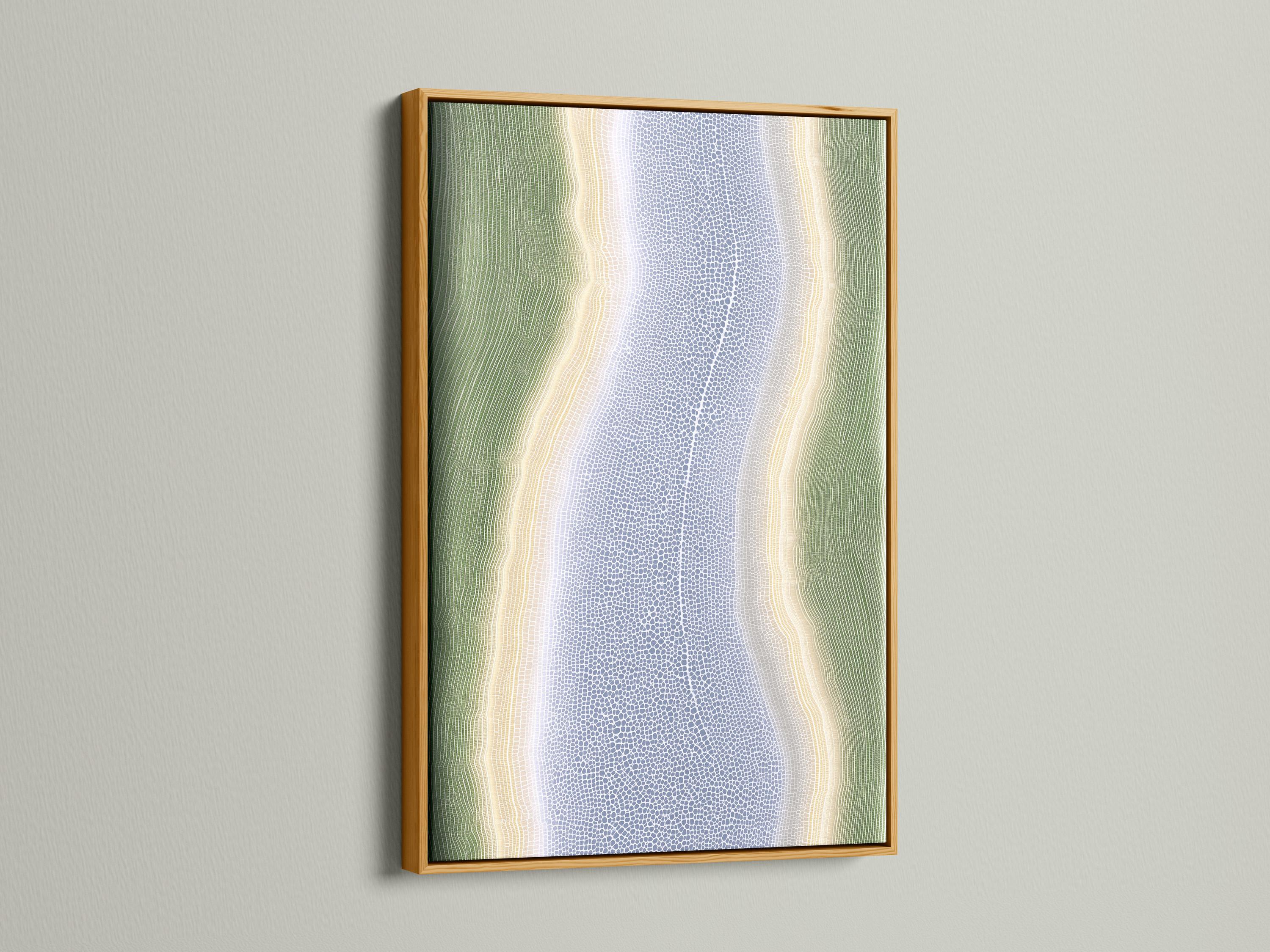 Abstract river-like artwork with sage-green contours and a speckled muted-blue textured centre detail view