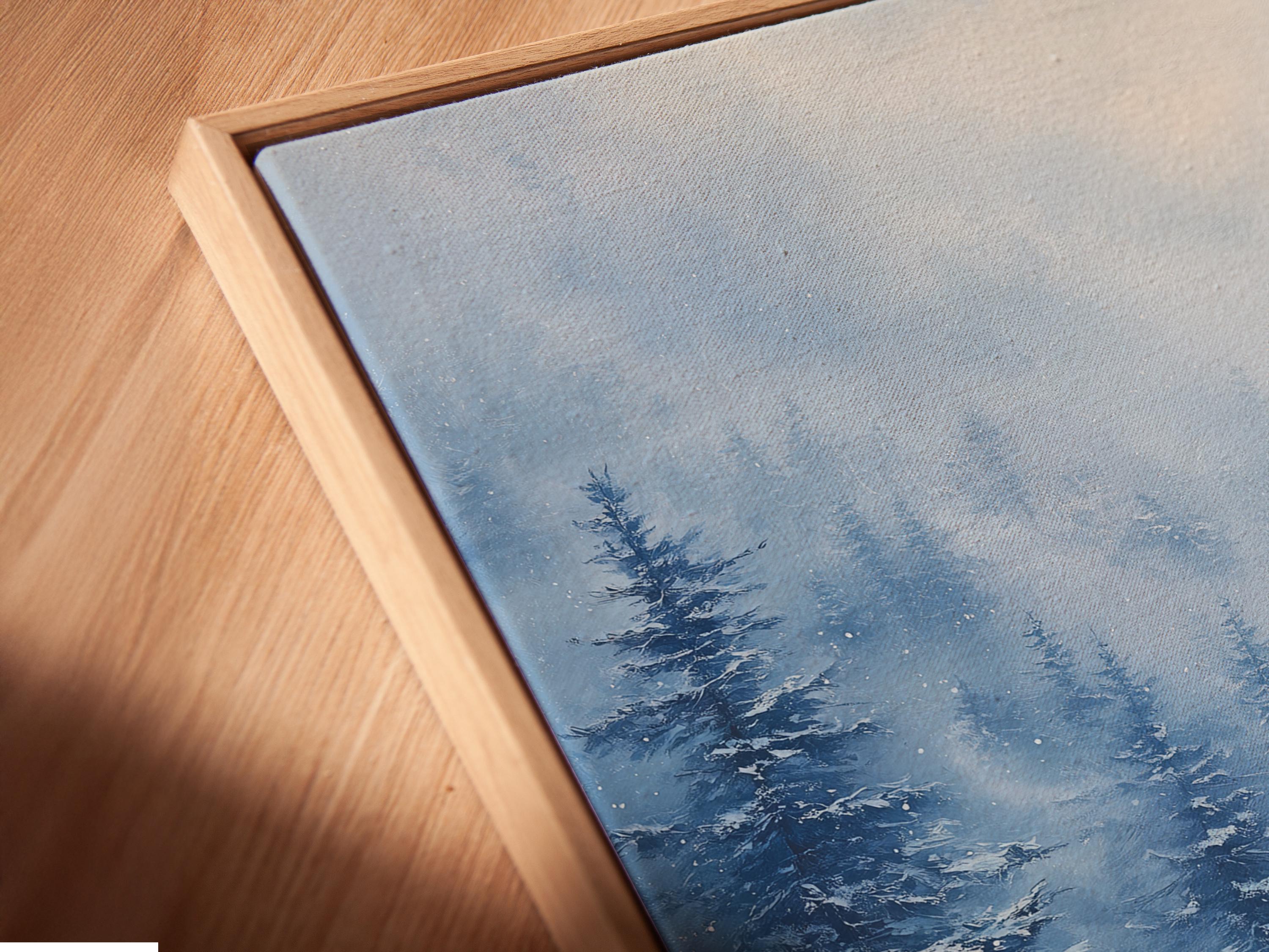 Snowy winter forest scene with a cabin and warm firelight among tall trees detail view