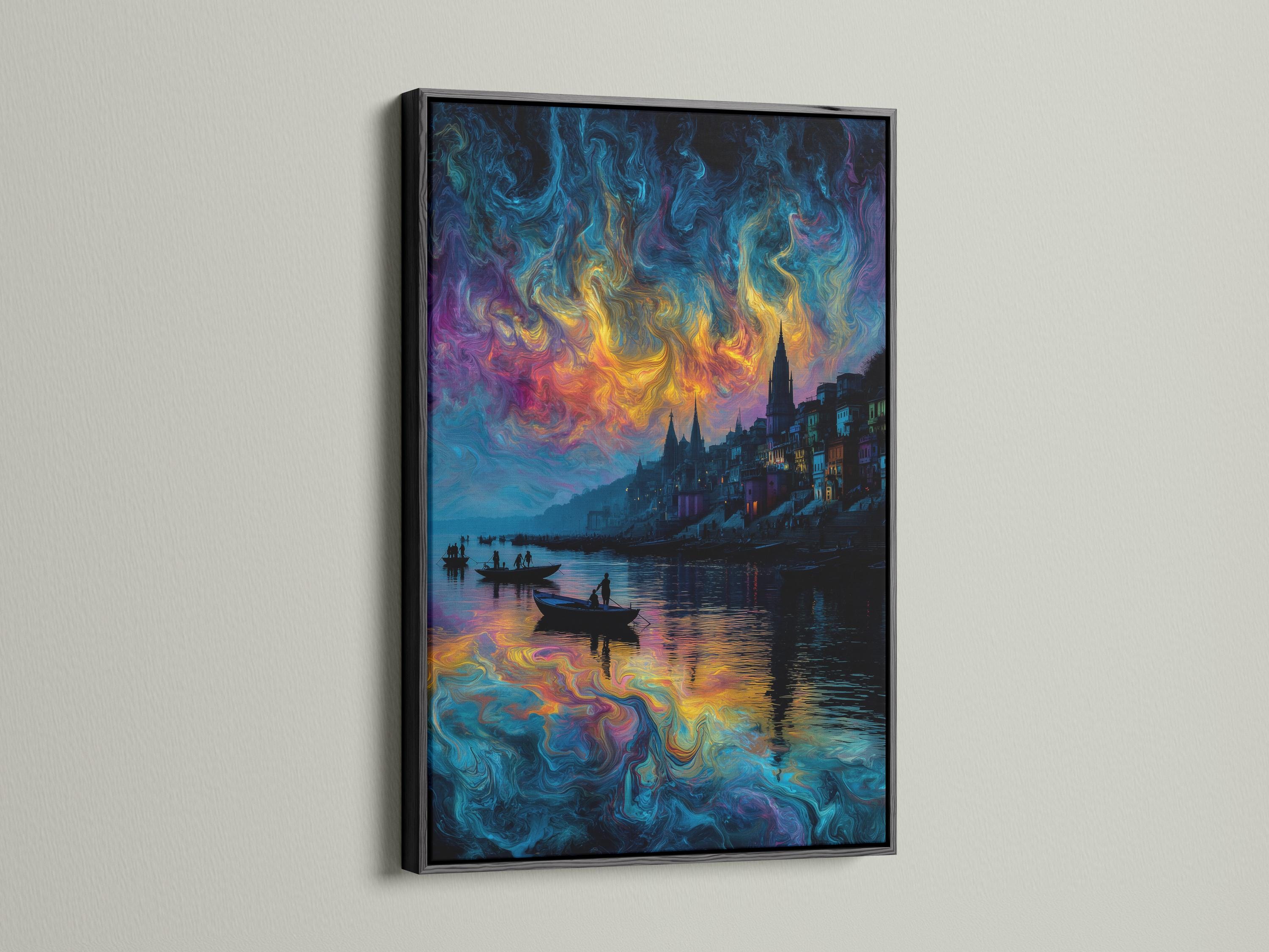 Swirling abstract city skyline with bright colours reflecting on the water and dark boats detail view