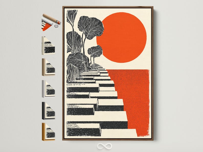 Orange sun with black botanical tree and diagonal stepped blocks artwork