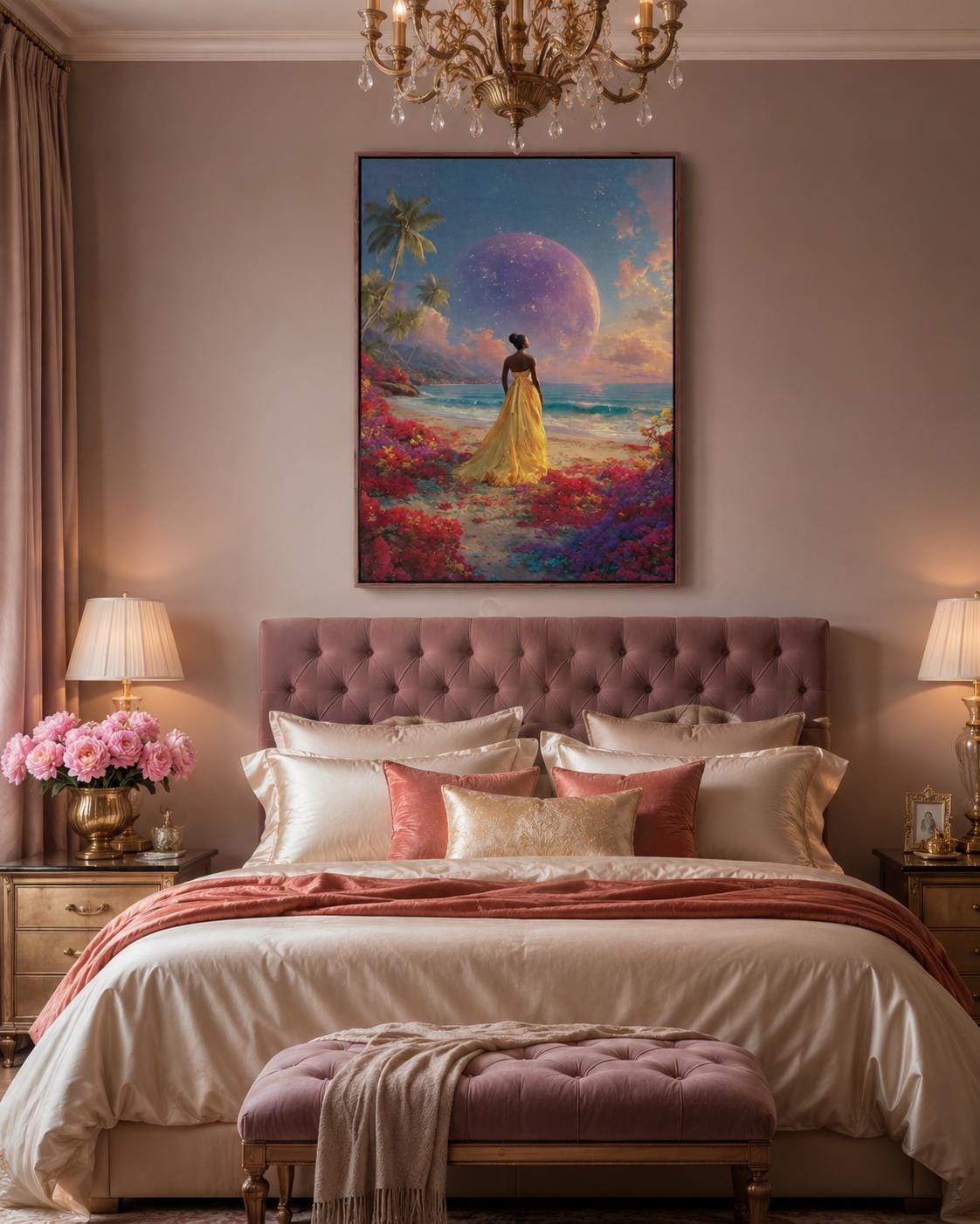 Room scene with a woman in a gold dress tropical beach artwork leaning against a wall