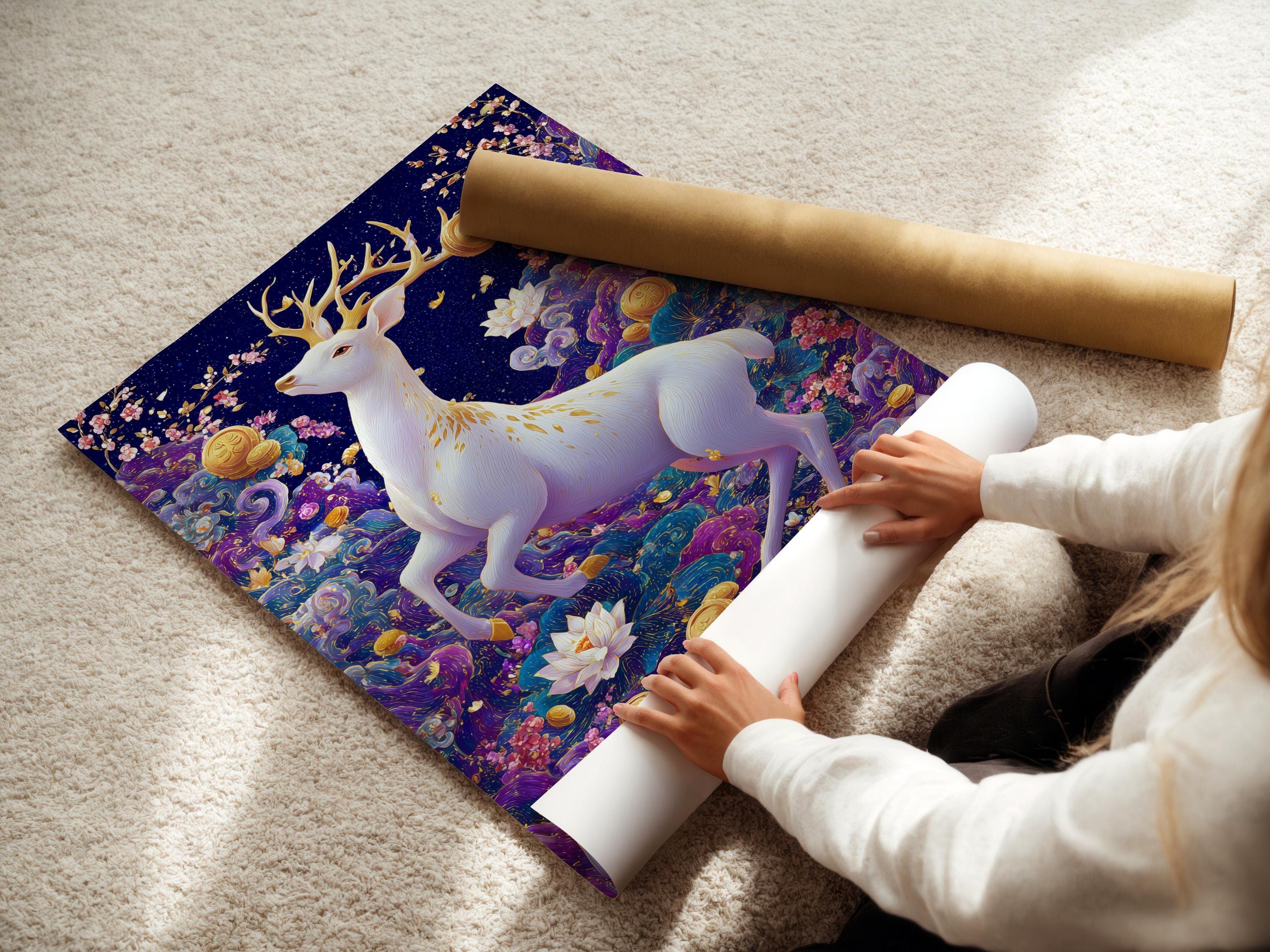 White deer with branching antlers in a navy and purple fantasy scene with lotus flowers and gold coins detail view