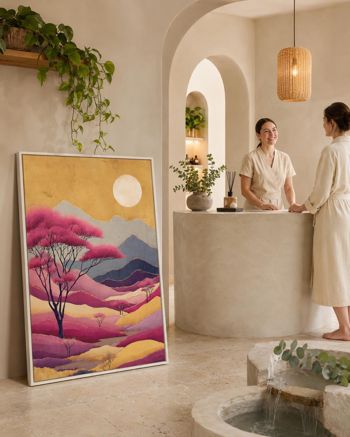 Painterly mountain landscape with blush-pink blossom trees, layered ridges and a pale moon in warm gold tones detail view
