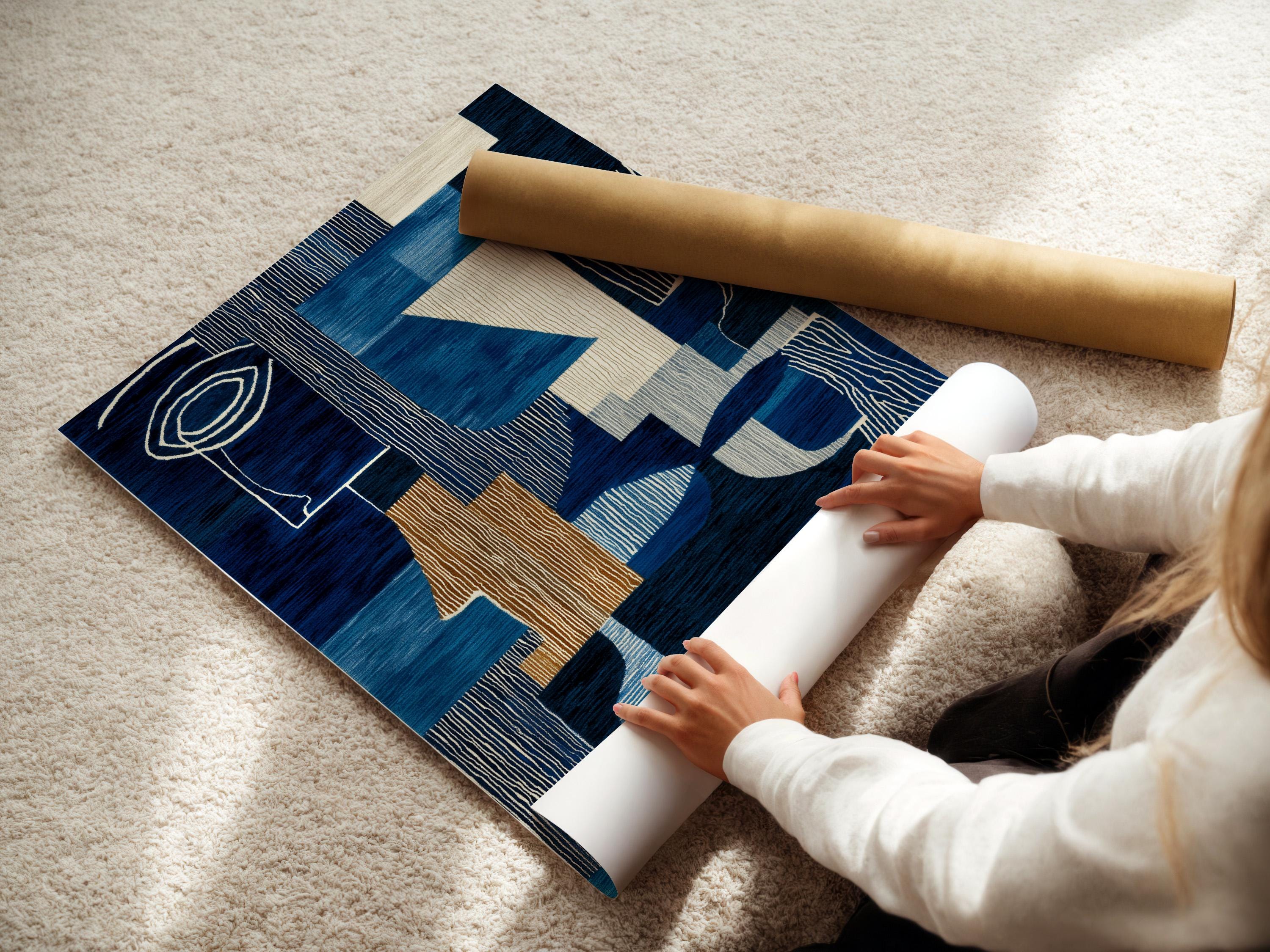 Woman holding a cup in a cafe-like space with a framed blue abstract face artwork on the wall