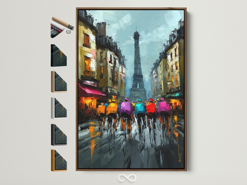 Painterly Paris cityscape with a tall tower, colourful buildings and rain-reflective street scene