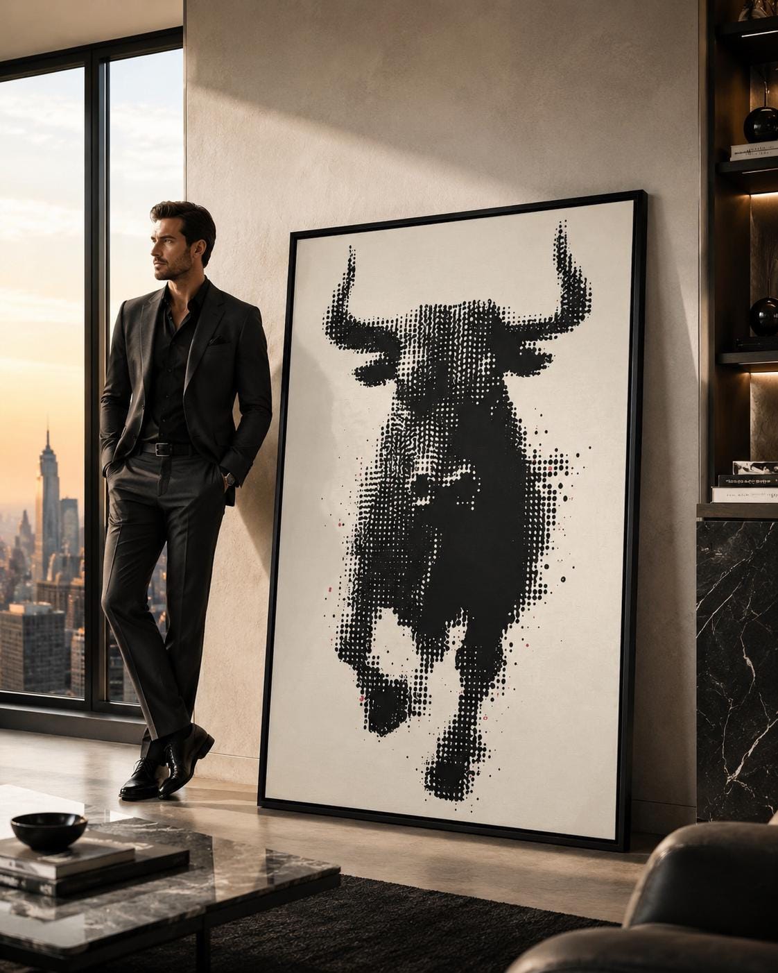 Black and white halftone bull head artwork with horns detail view