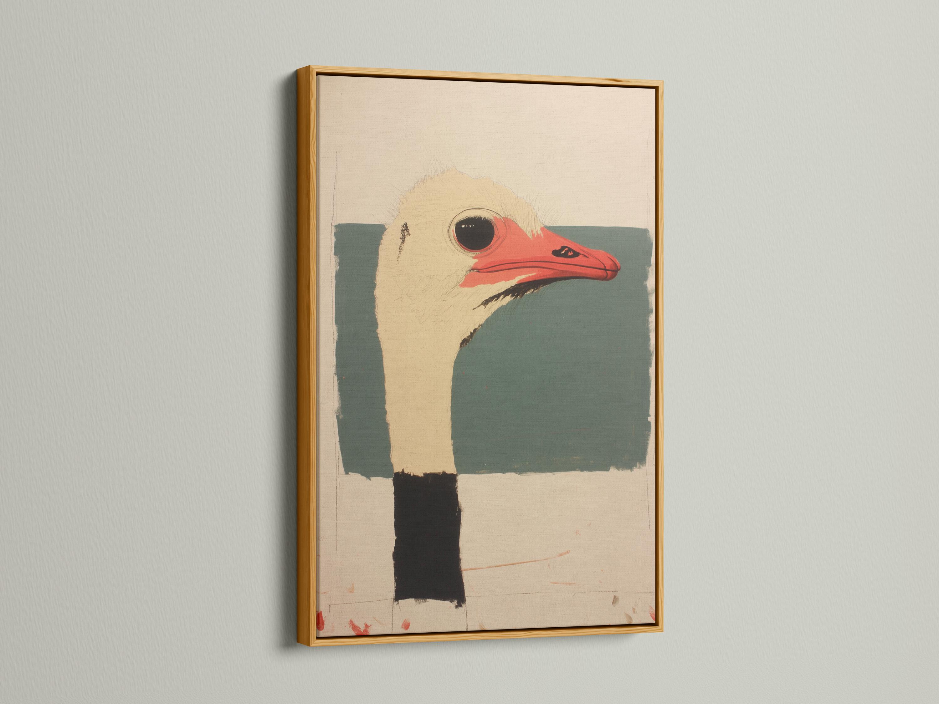 Stylised ostrich head portrait with red beak, dark eye, beige and teal shapes detail view