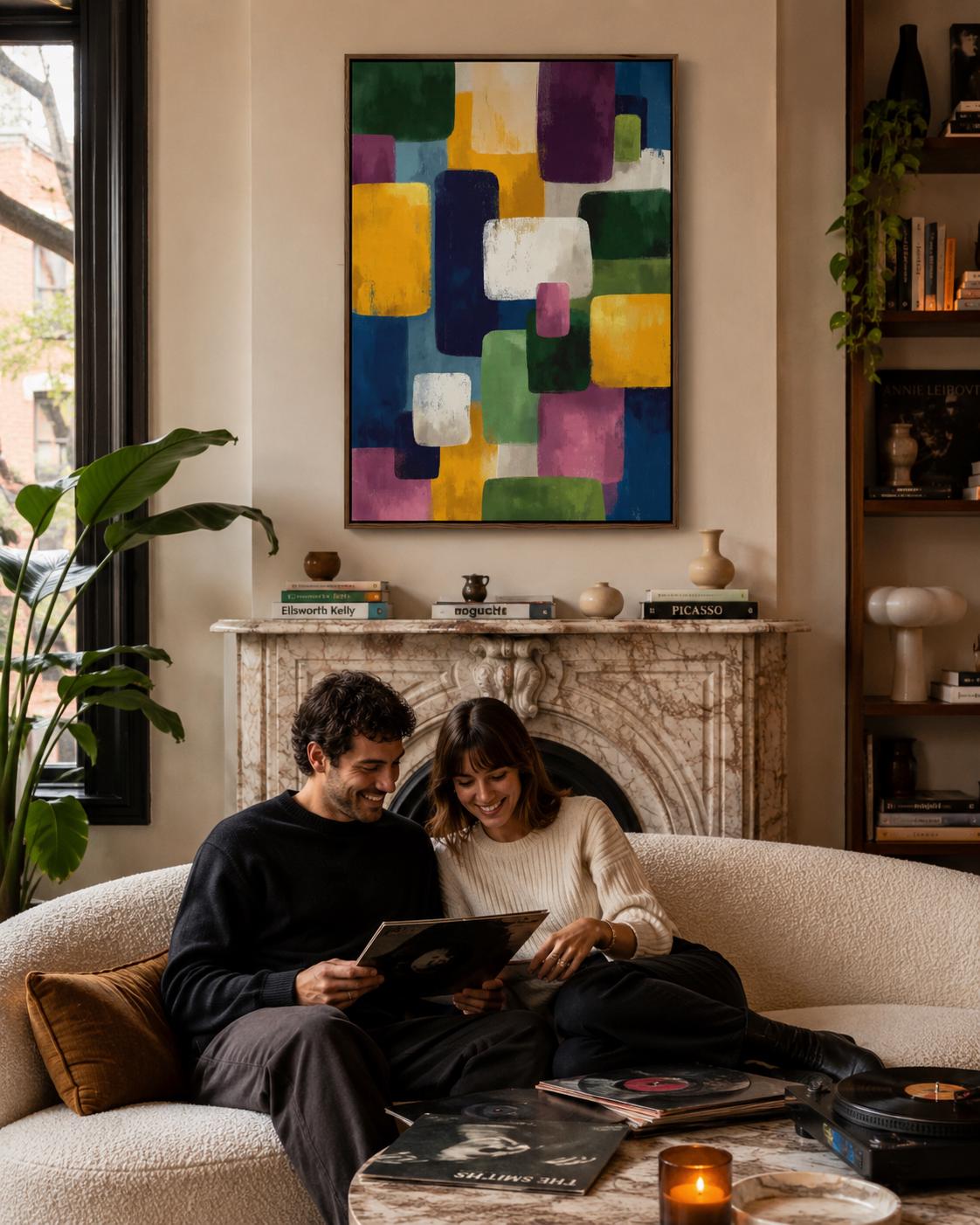 A framed geometric abstract artwork features overlapping colourful blocks—green, yellow, purple, blue and white—arranged in an irregular, layered