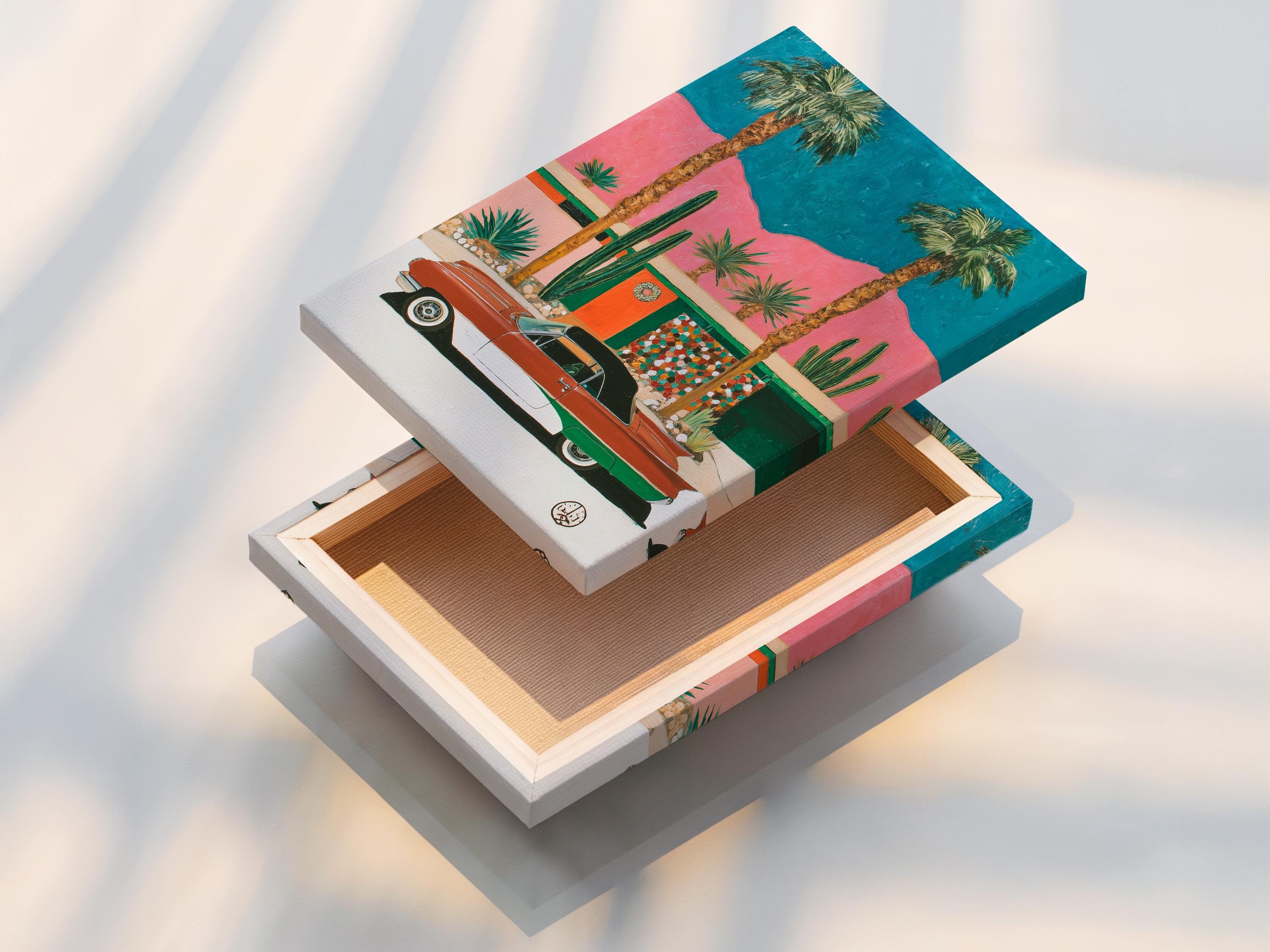 Retro car in a desert scene with palm trees, cacti, and teal and pink background detail view