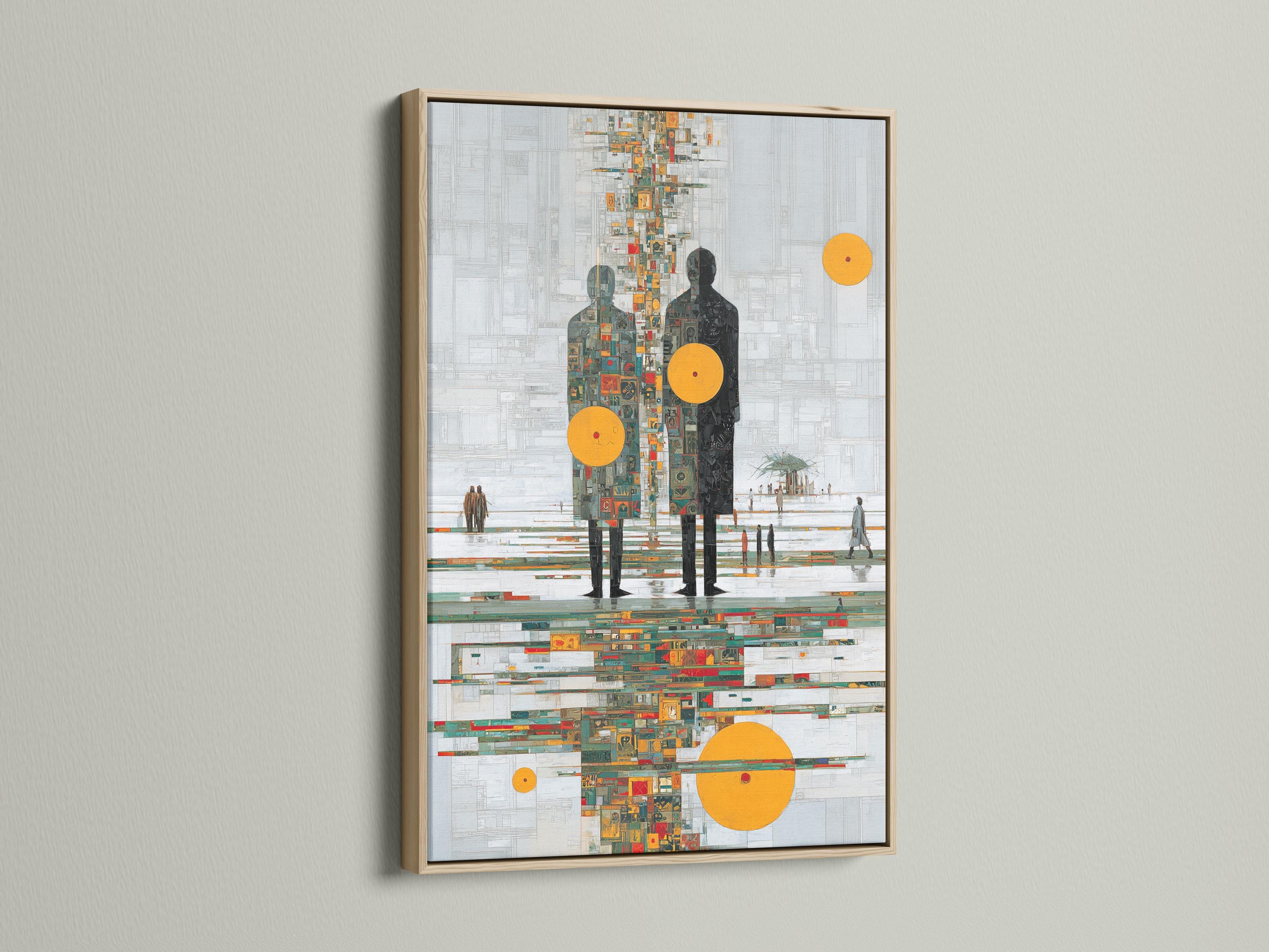 Stylised human figures on a light grey grid background with mustard-yellow circles and colourful mosaic tiles detail view