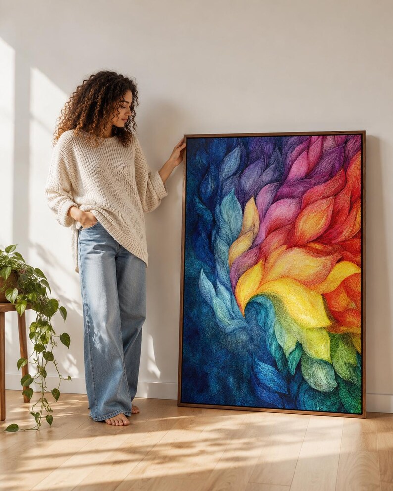 Rainbow abstract artwork with layered flowing curves in blue, purple, pink, orange and yellow