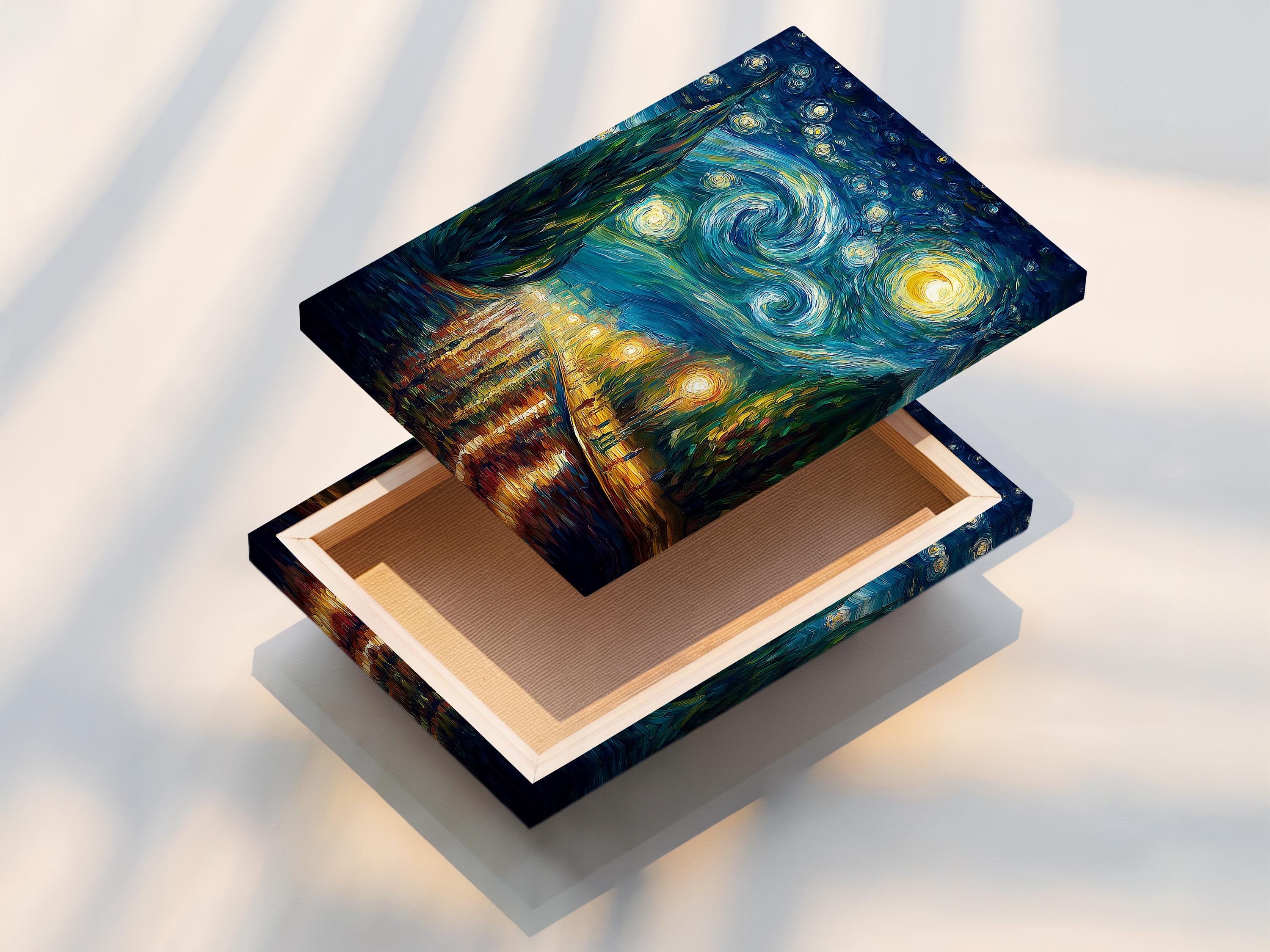 Room mockup showing a framed starry night painting on a light wall