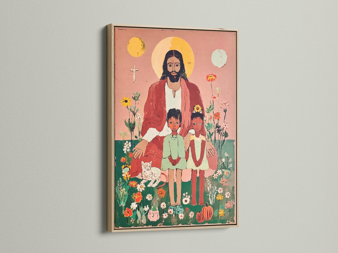 Folk-art illustration of Jesus with a pale halo, two children, and many flowers on a dusty pink background detail view