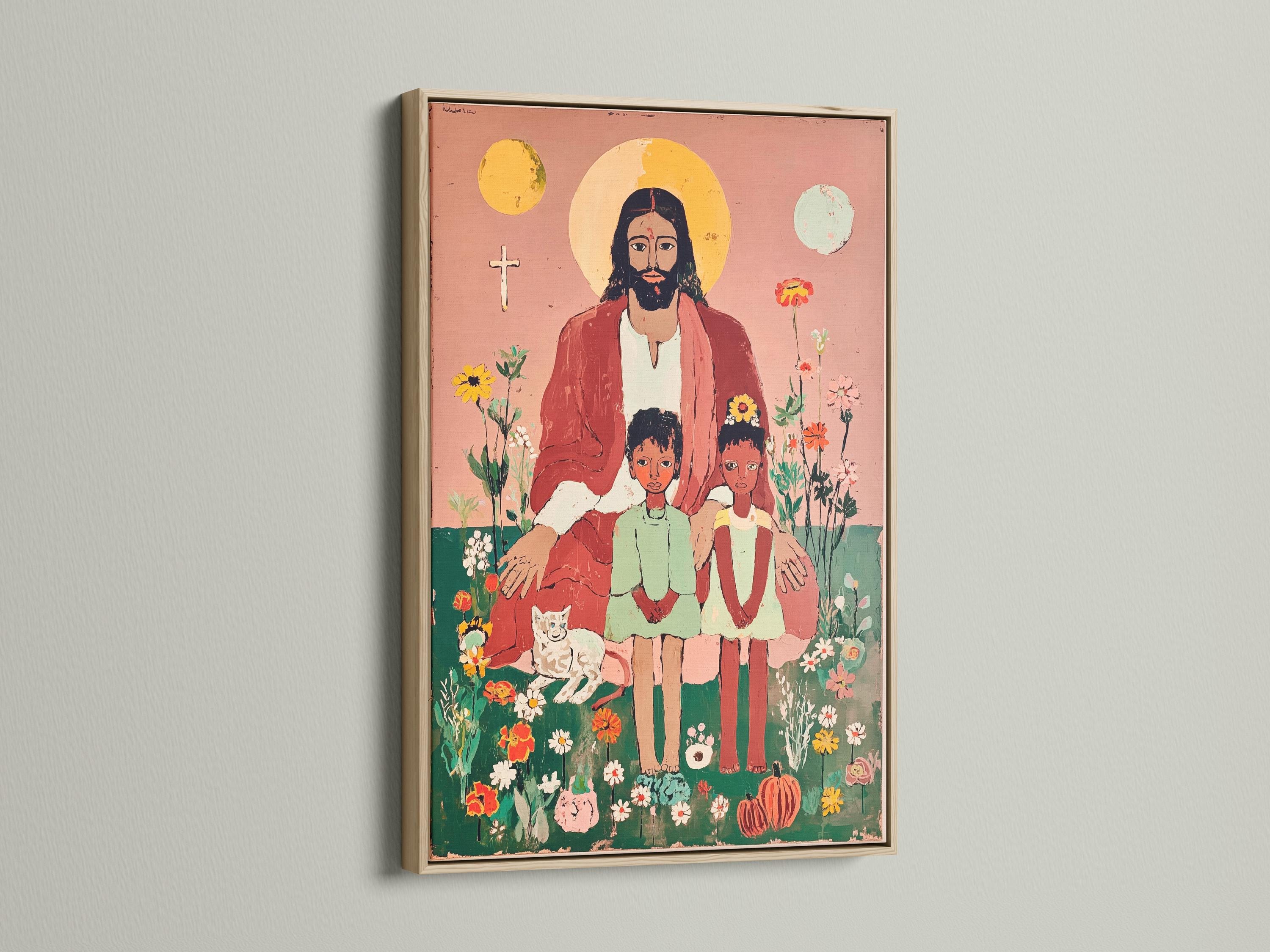 Folk-art illustration of Jesus with a pale halo, two children, and many flowers on a dusty pink background detail view