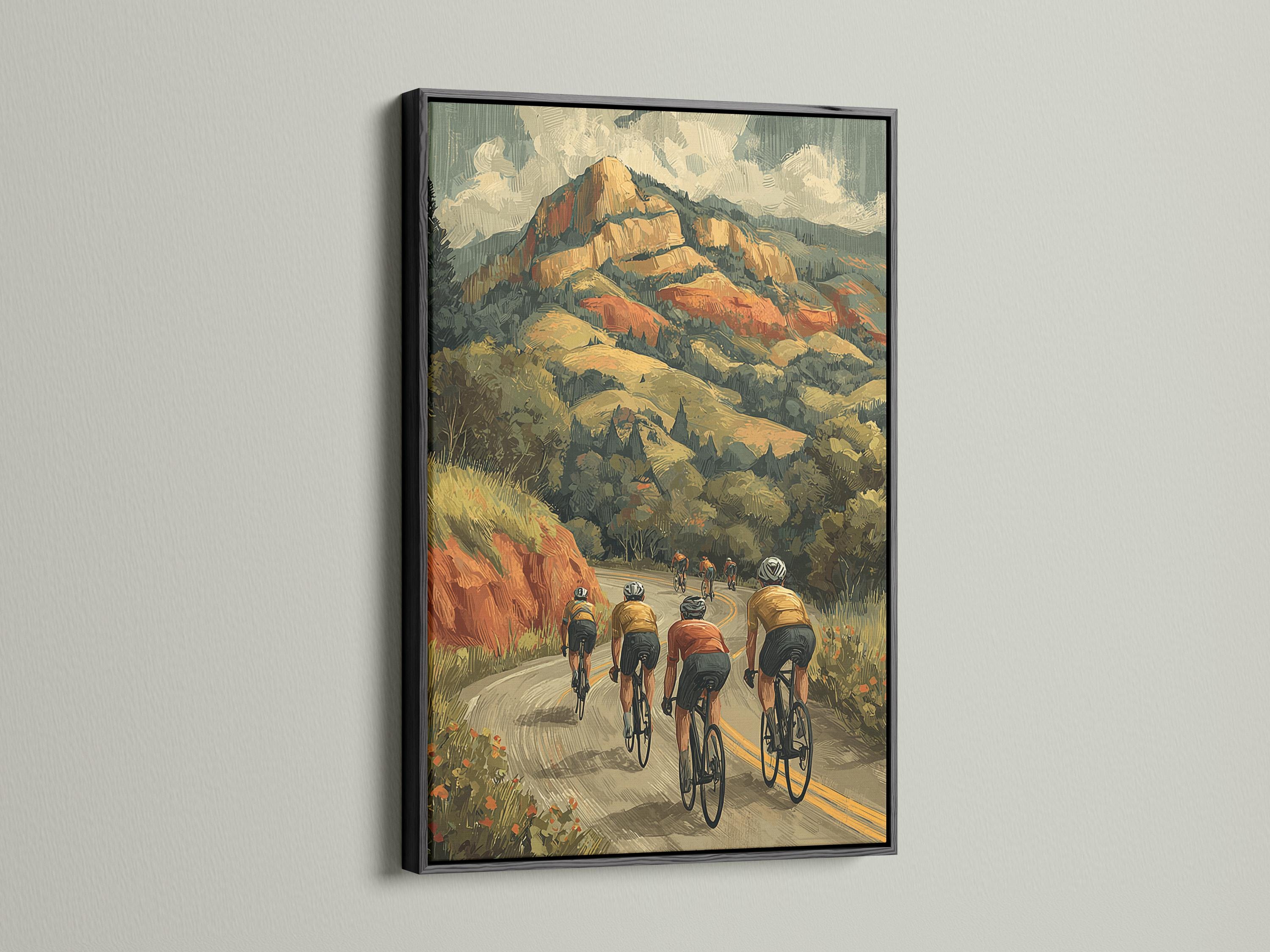 Retro mountain cycling scene with several cyclists riding on a winding road through forested hills detail view