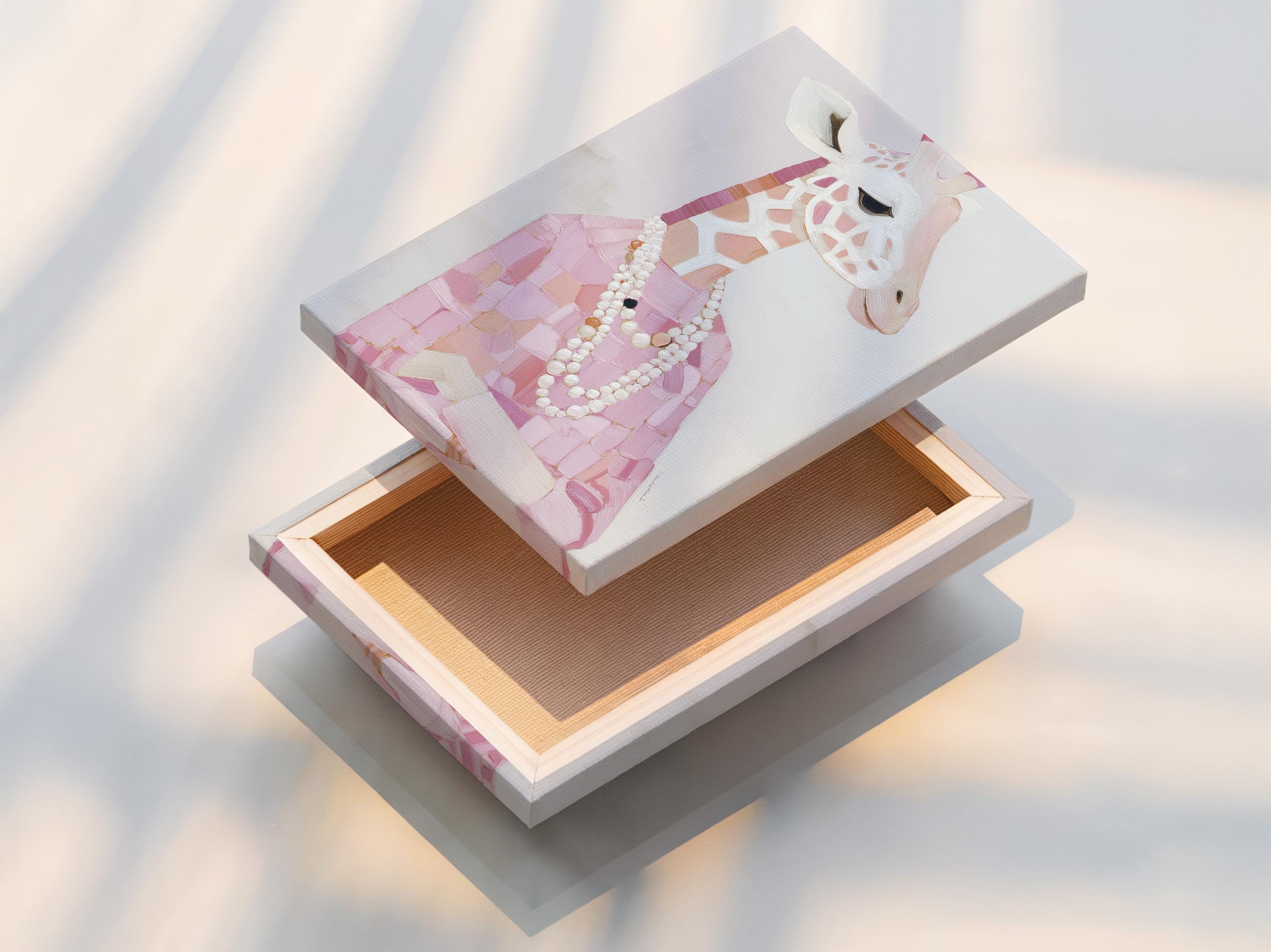 A stylised pink giraffe portrait is shown in a painterly, patchwork-like design with a pearl-like necklace, set against a pale background detail view