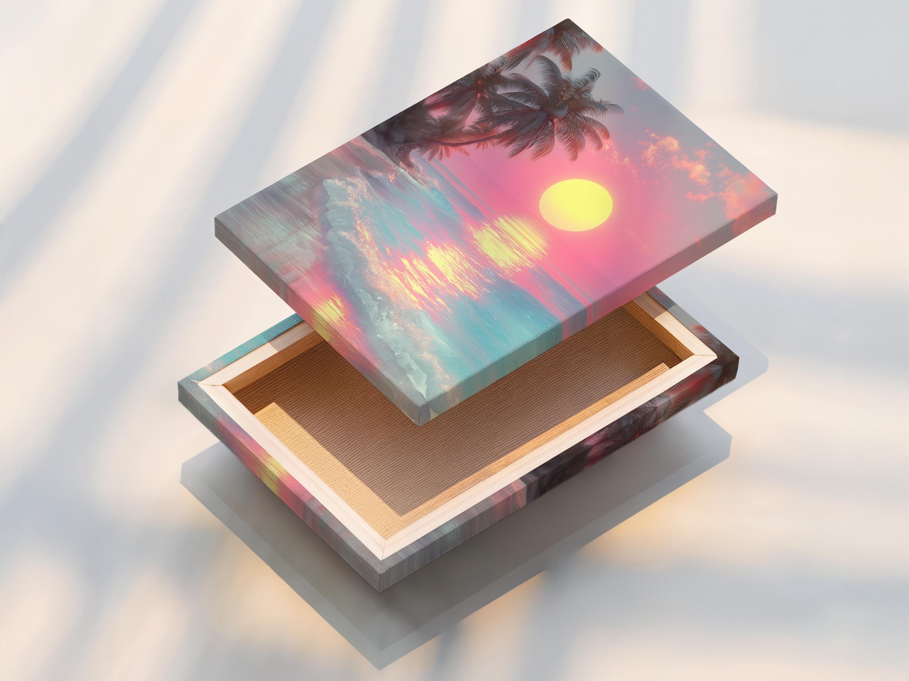 A framed tropical seascape shows a bright yellow sun over pink and turquoise water, with palm silhouettes and glowing reflections detail view