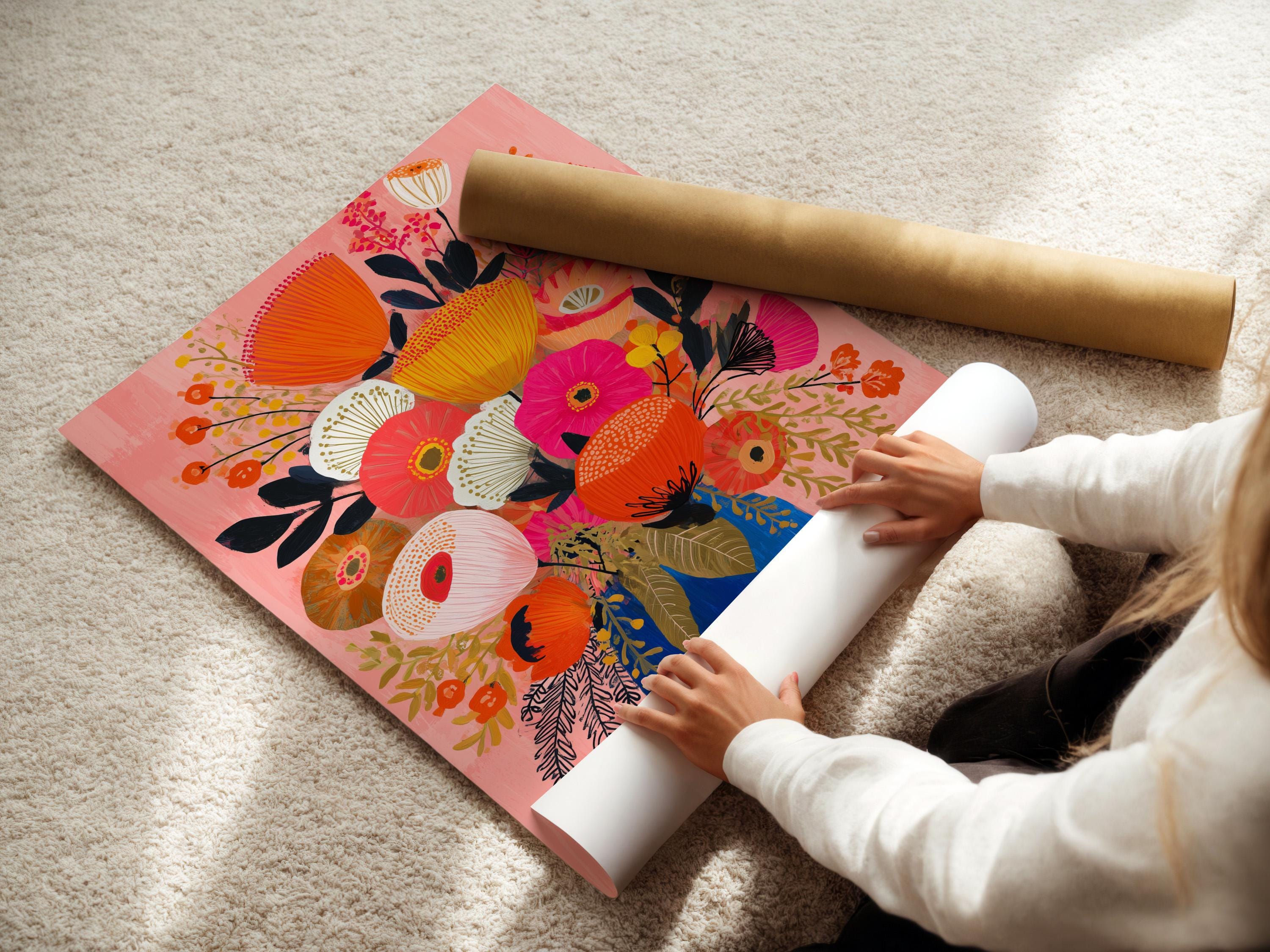 Floral bouquet artwork with pink, orange and cream flowers in a blue vase detail view