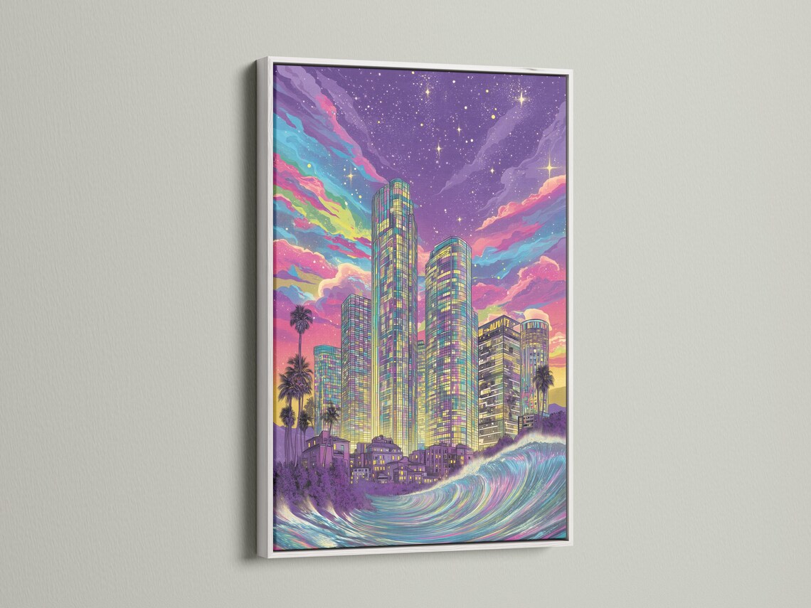 Retro neon city skyline with tall skyscrapers, ocean waves, starry purple sky and palm silhouettes detail view