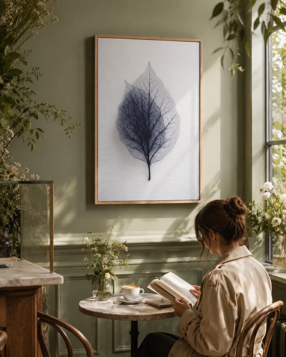 A person looking at a framed leaf skeleton wall artwork in a bright room