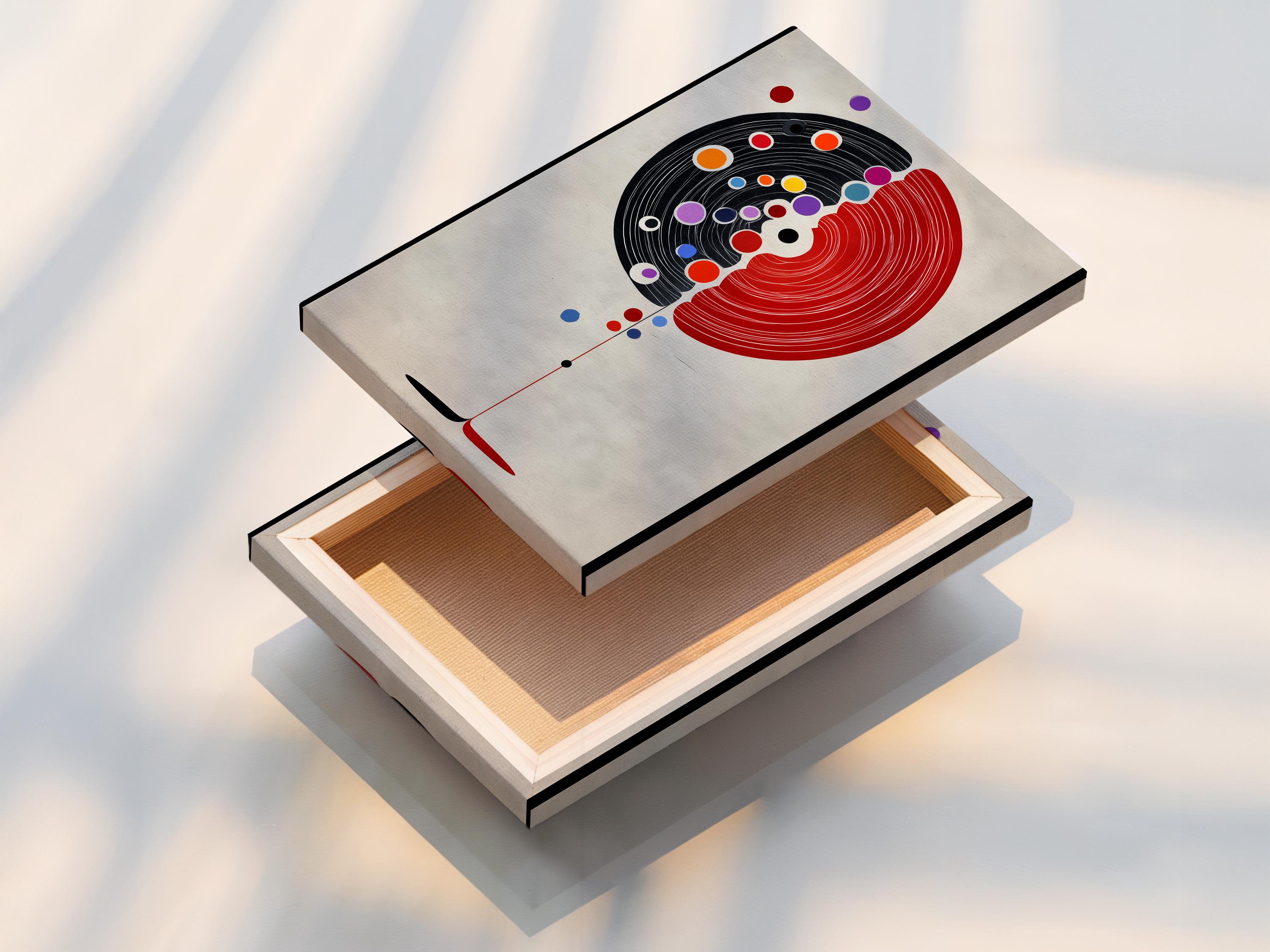 Abstract split circle design with red and black concentric arcs and colourful dot accents detail view