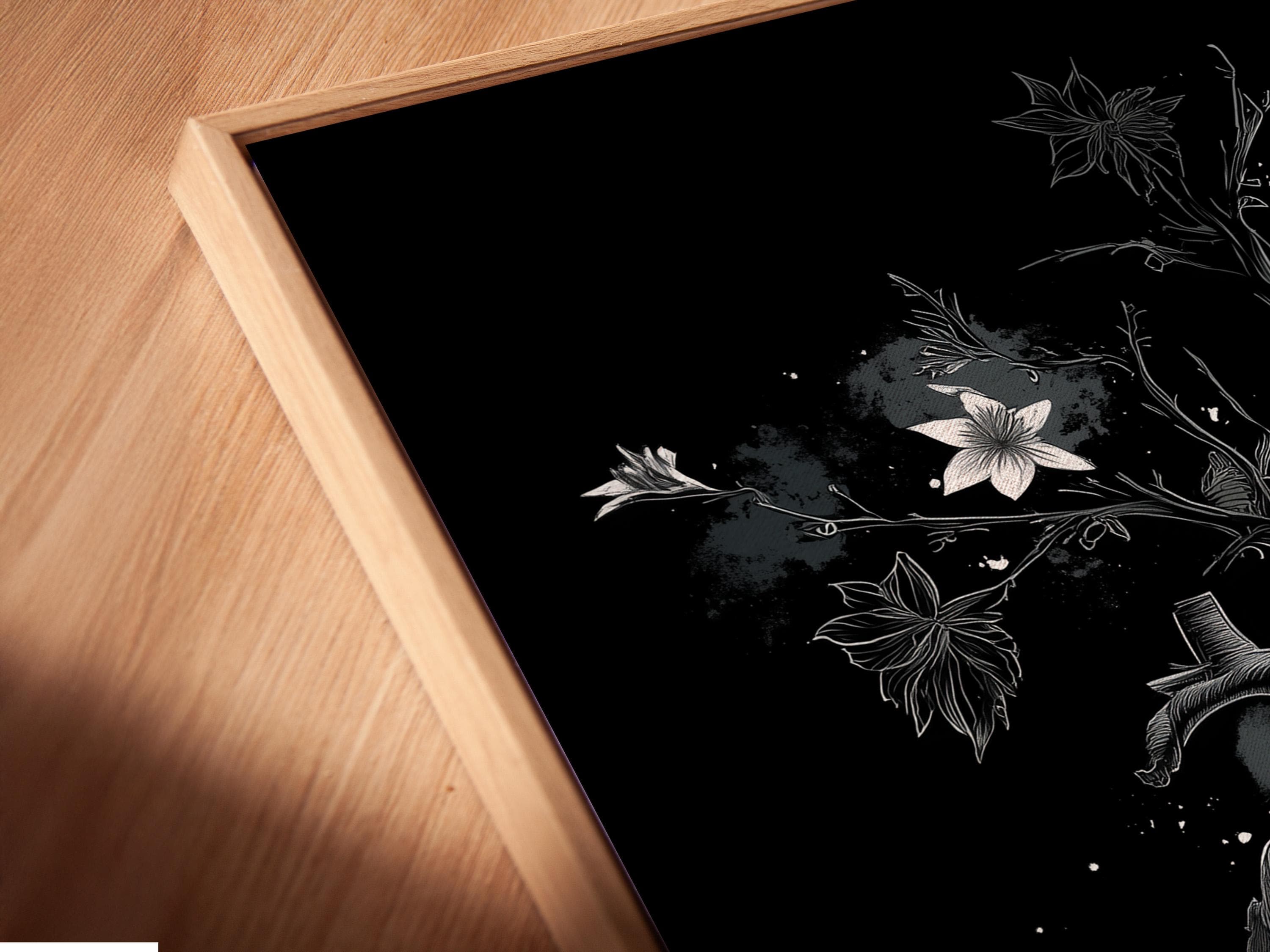 Room mockup showing a framed monochrome botanical heart artwork on a wall