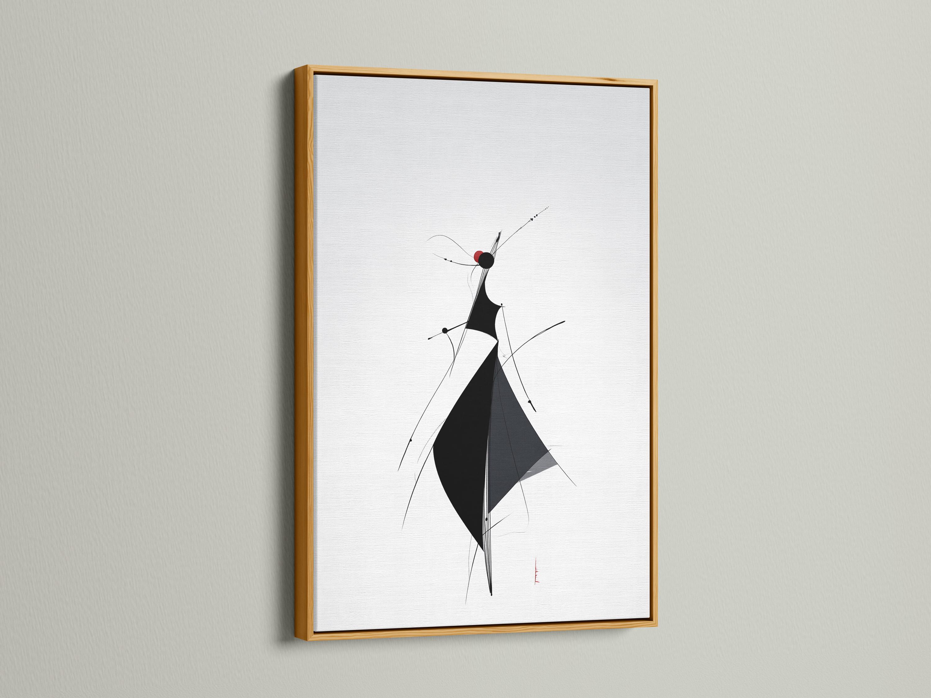 Minimalist line figure artwork with black shapes and deep red accents on a light background detail view