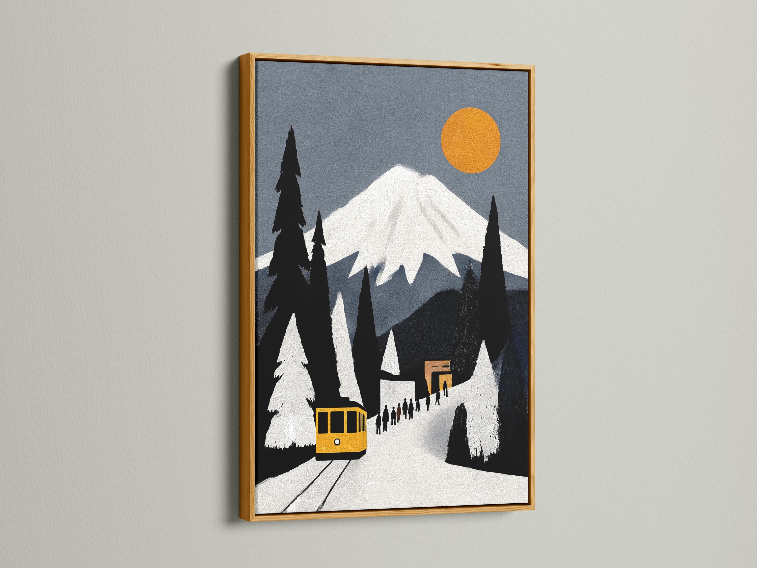 Room mockup showing a framed yellow train winter mountain artwork