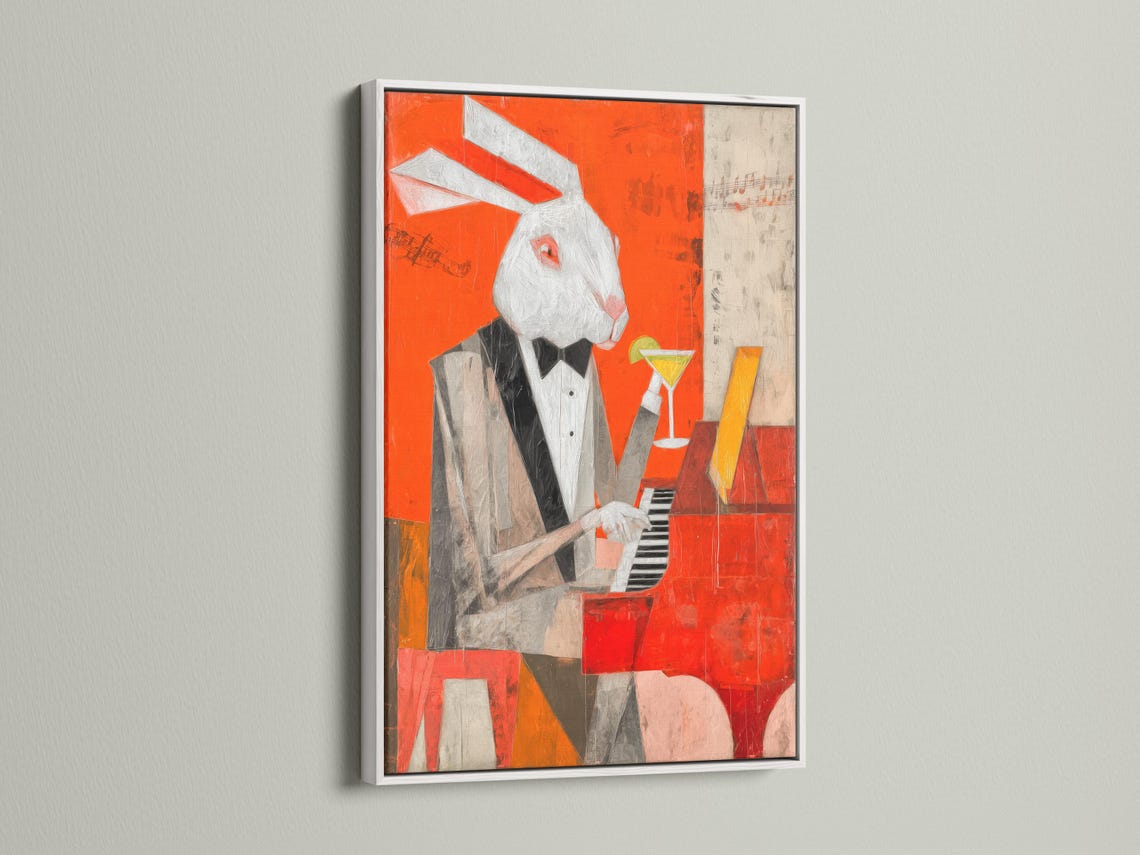 Orange artwork of a rabbit pianist holding a martini beside a piano with music notes detail view