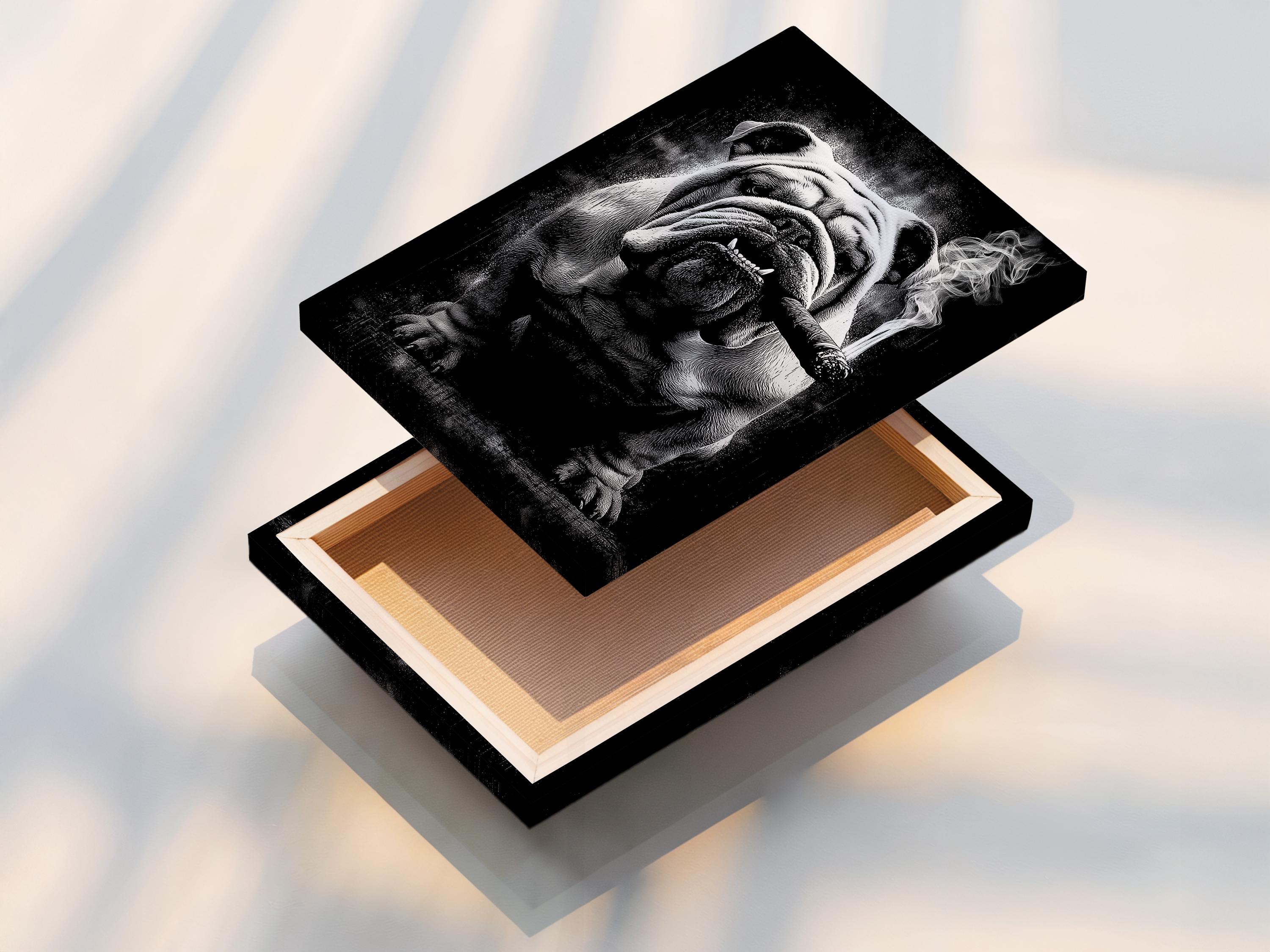 Monochrome bulldog portrait with a cigar and swirling smoke against a dark background detail view