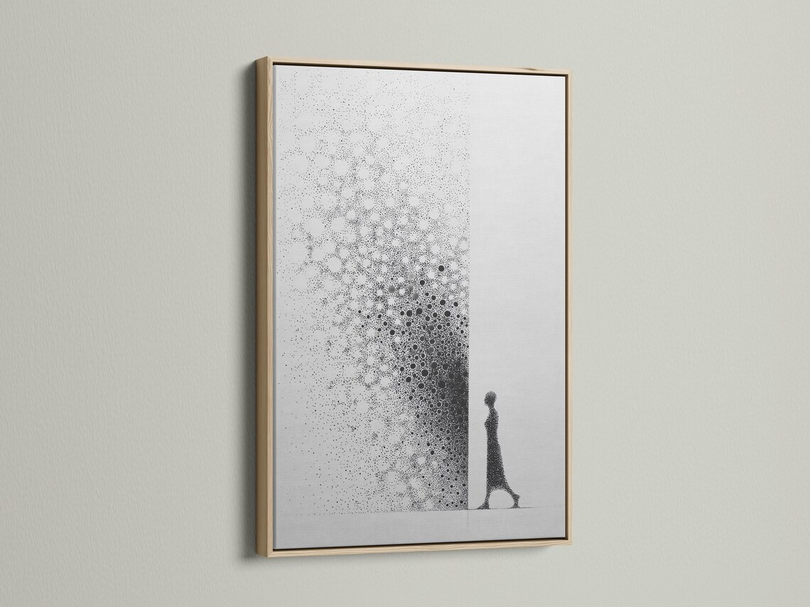 Monochrome abstract artwork with speckled dot clusters and an elongated figure silhouette detail view