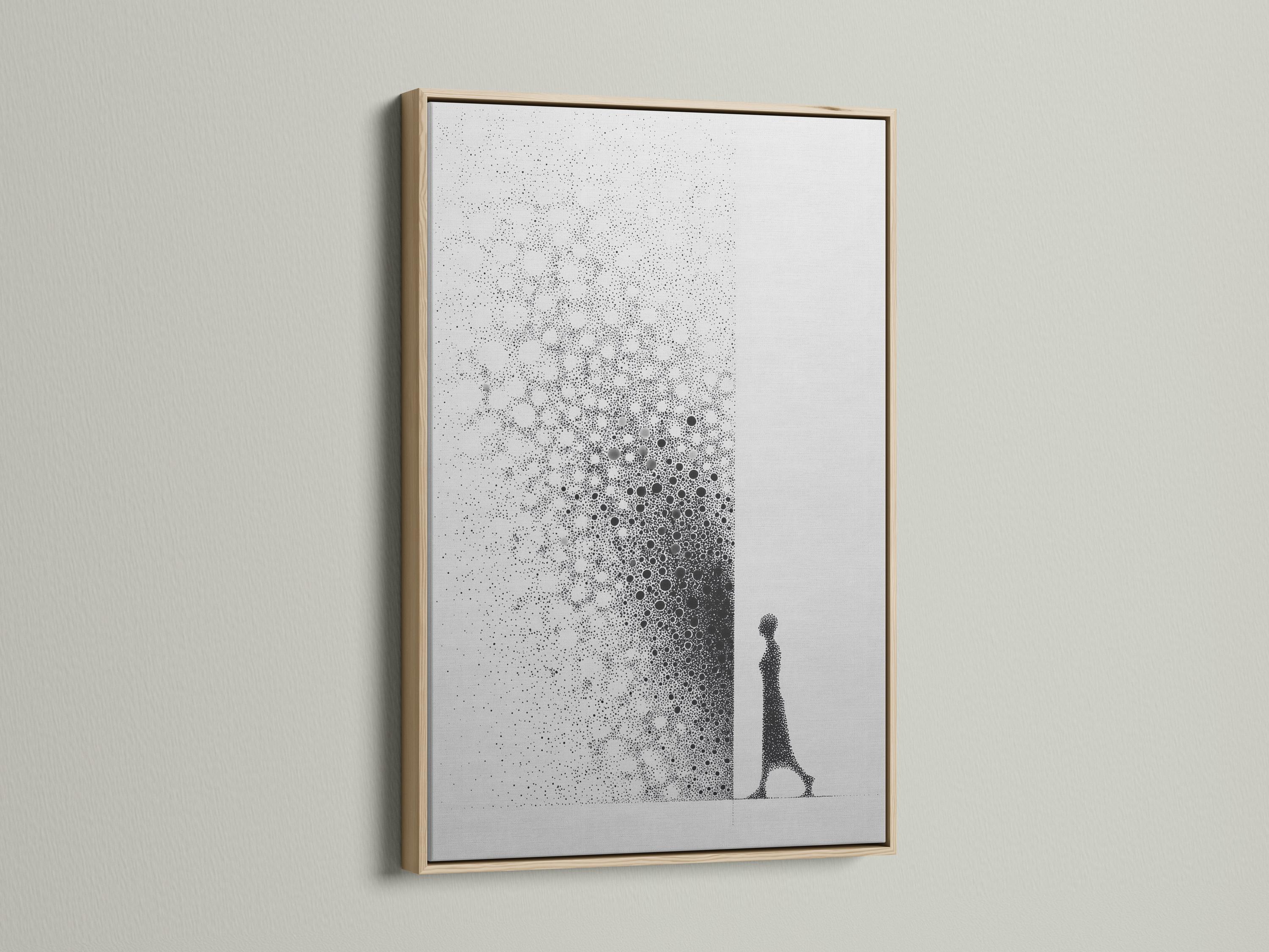 Monochrome abstract artwork with speckled dot clusters and an elongated figure silhouette detail view