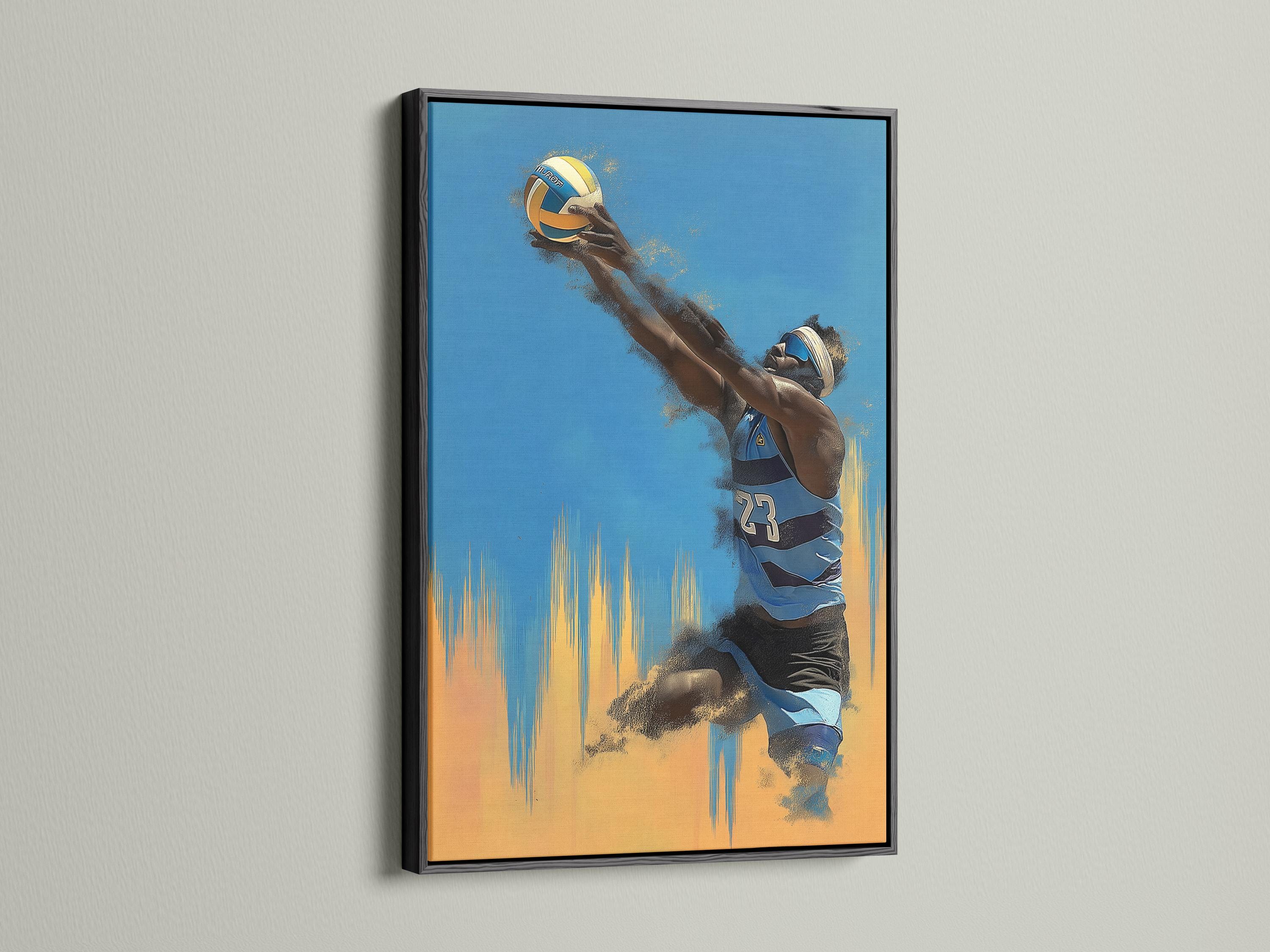 Blue and gold volleyball player action illustration with a visible number 23 detail view